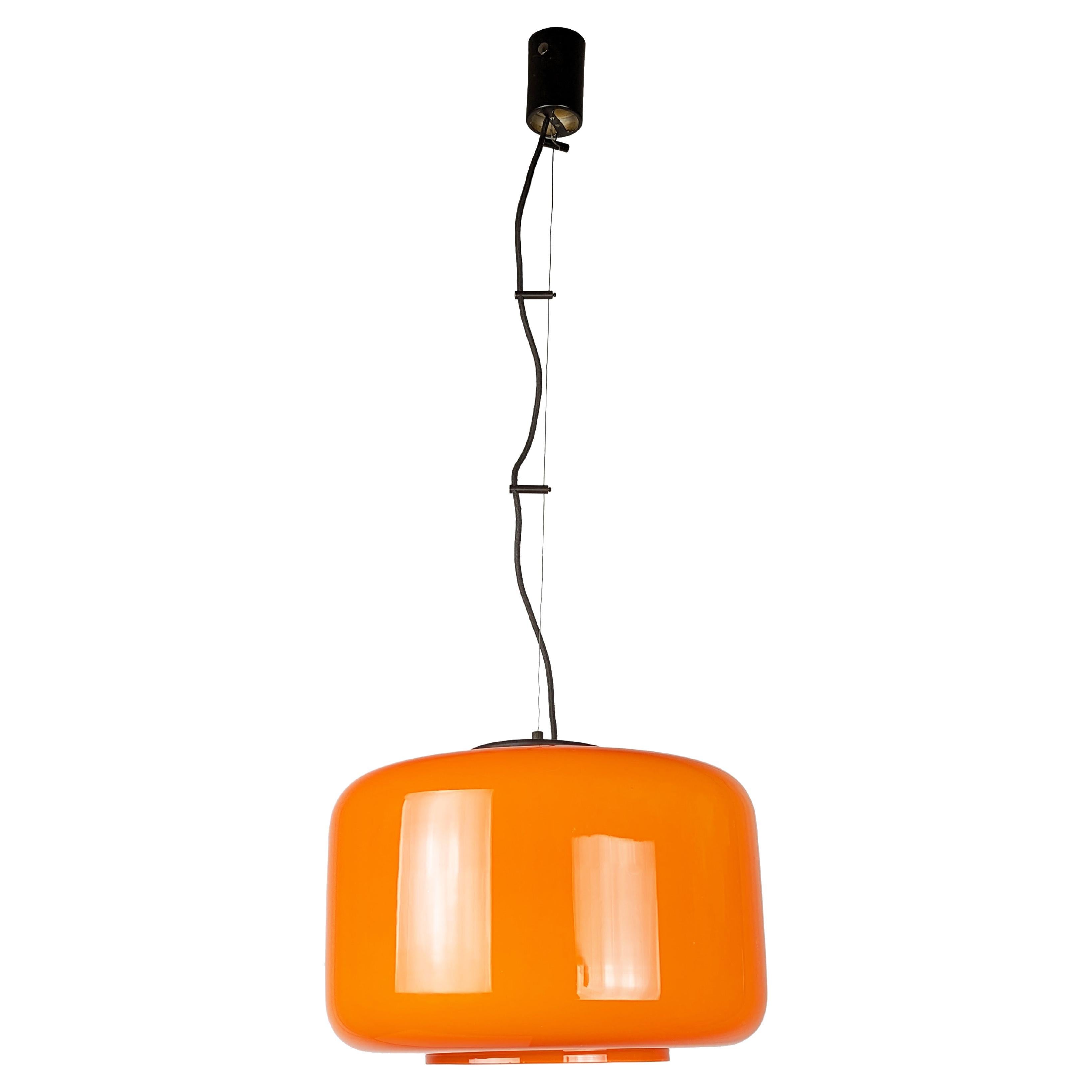 Orange & white incamiciato Murano Glass Pendant Lamp  attrib. to Vistosi For Sale