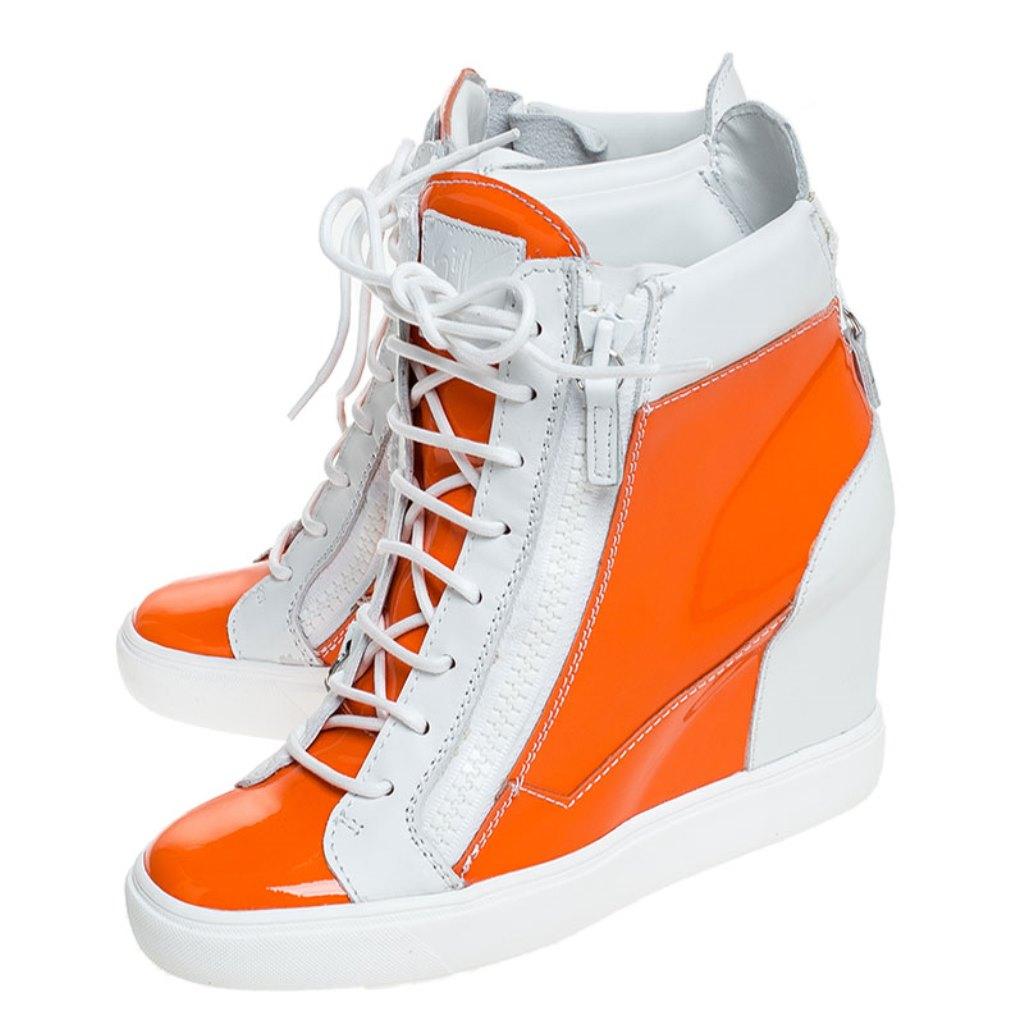 Beige Orange/White Leather and Patent Leather High Top Wedge Sneakers Size 39