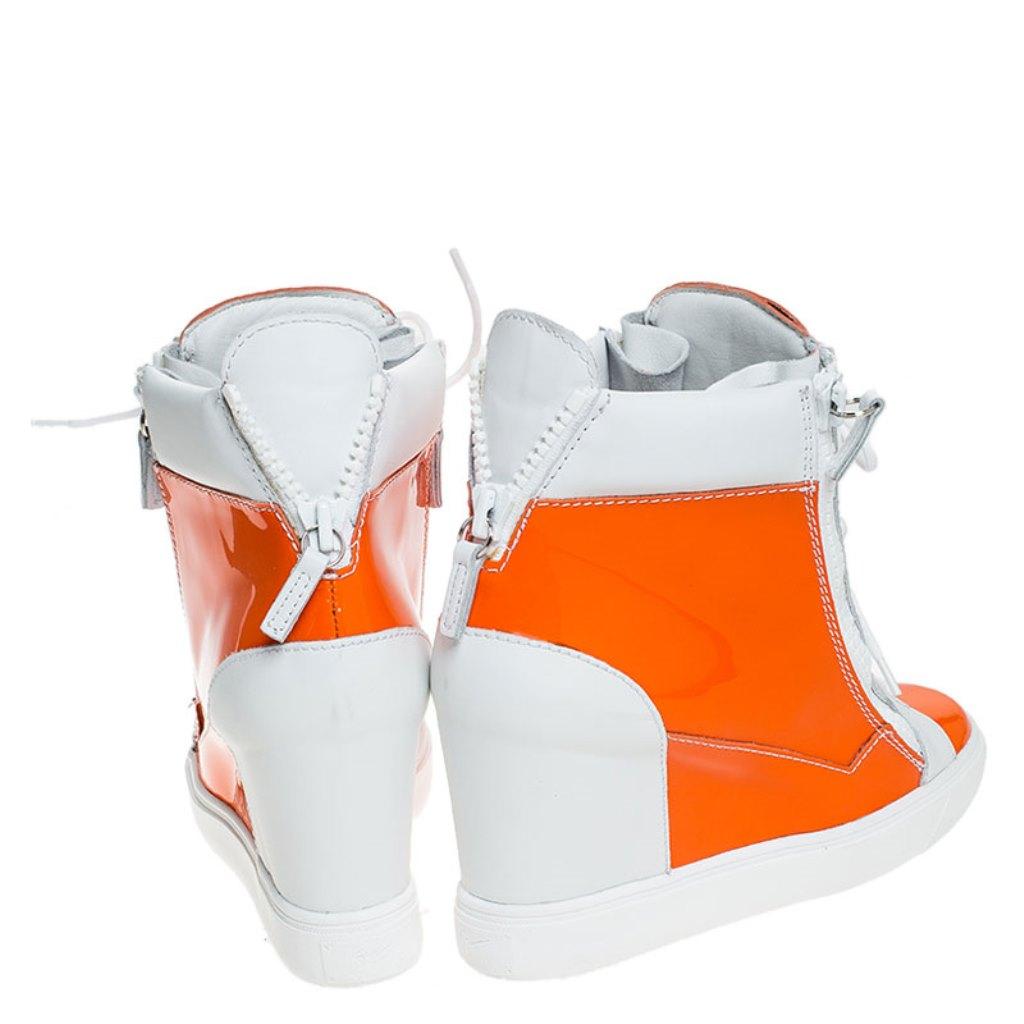 Orange/White Leather and Patent Leather High Top Wedge Sneakers Size 39 In New Condition In Dubai, Al Qouz 2