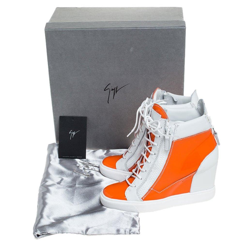 Orange/White Leather and Patent Leather High Top Wedge Sneakers Size 39 2