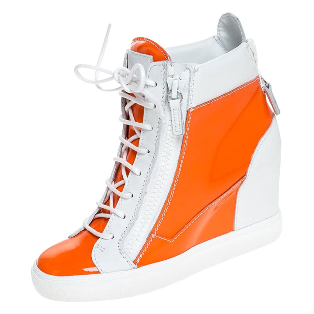 Orange/White Leather and Patent Leather High Top Wedge Sneakers Size 39
