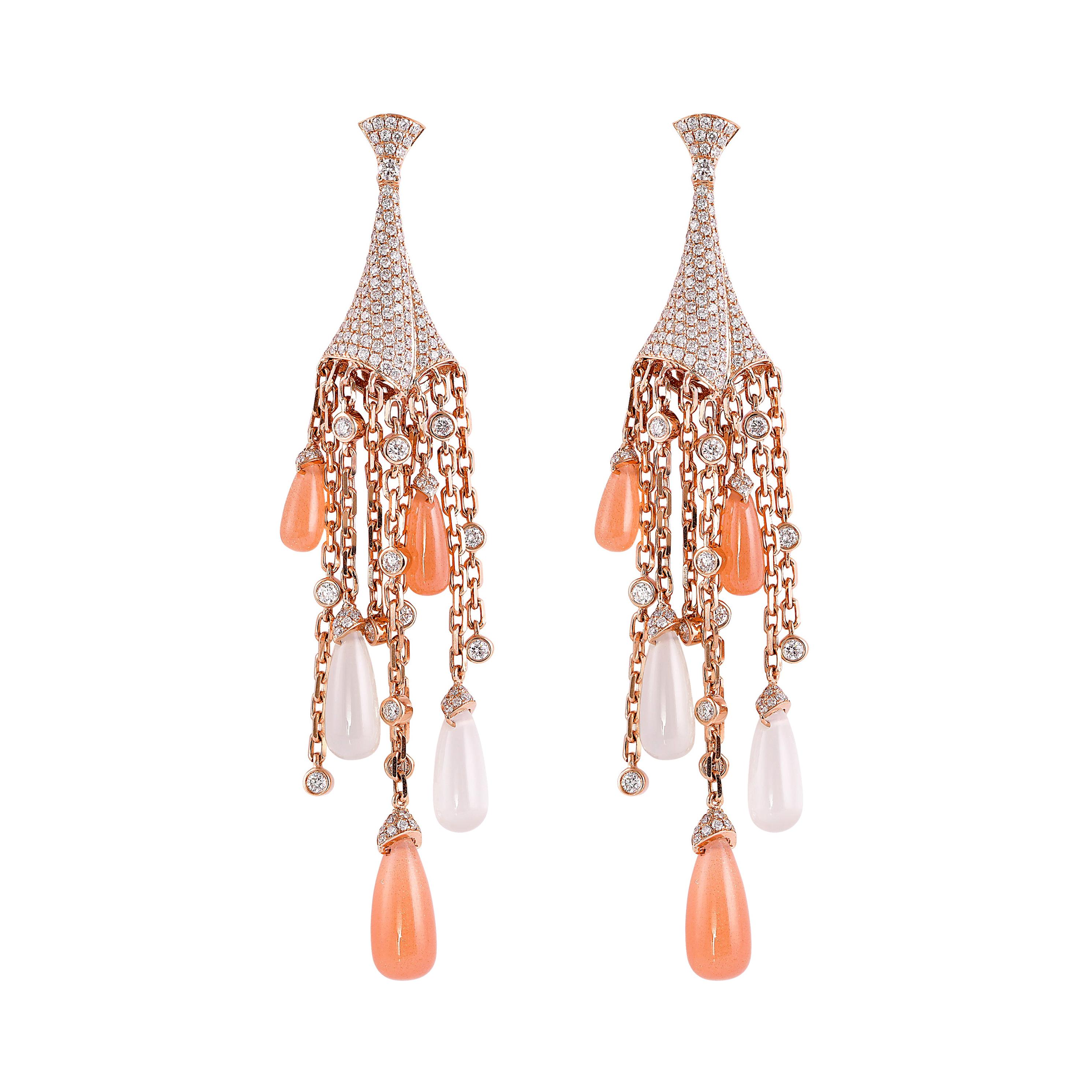 Orange & White Moonstone Earrings in 18 Karat Gold with Diamond