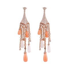 Orange & White Moonstone Earrings in 18 Karat Gold with Diamond