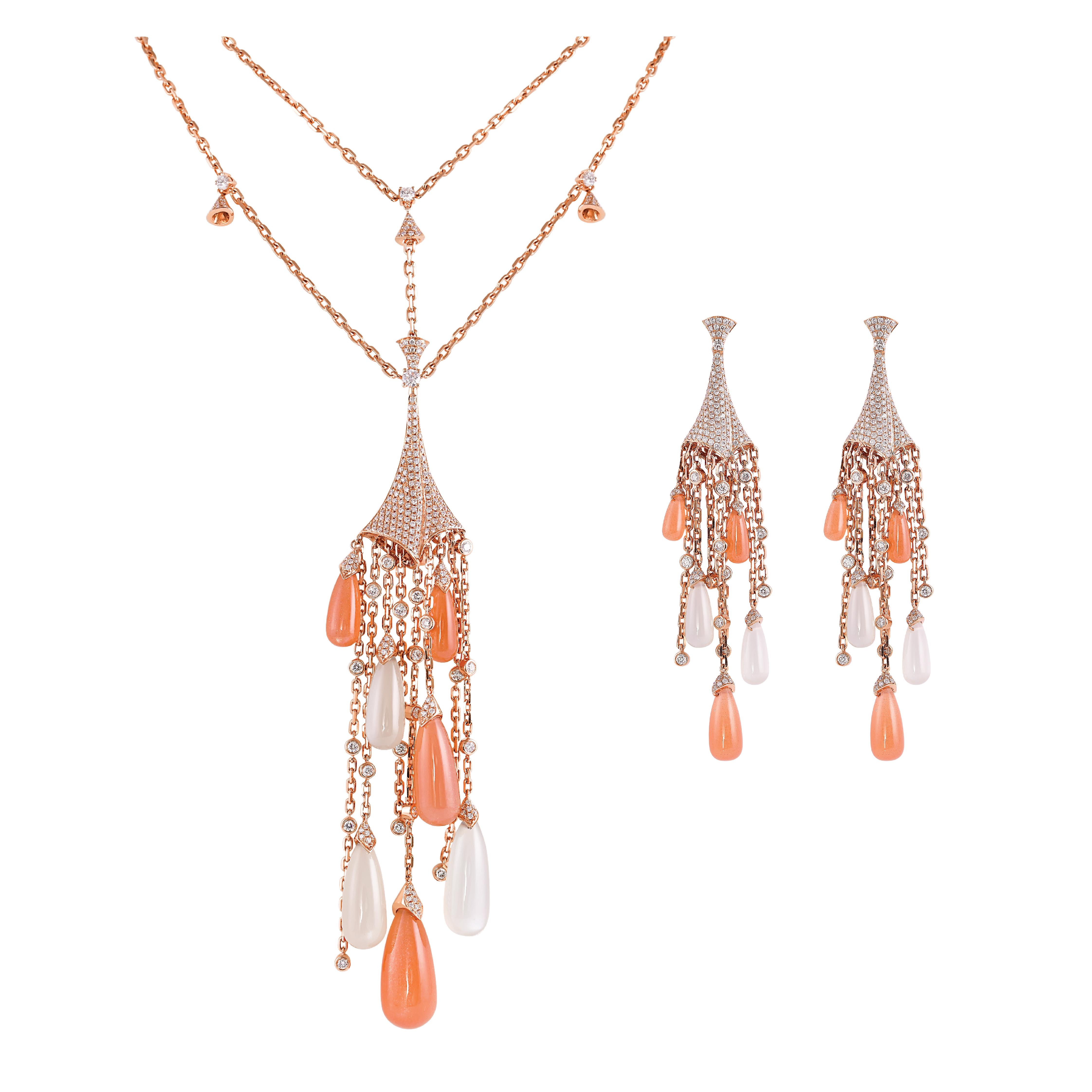 Women's Orange & White Moonstone Necklace in 18 Karat Gold with Diamond For Sale
