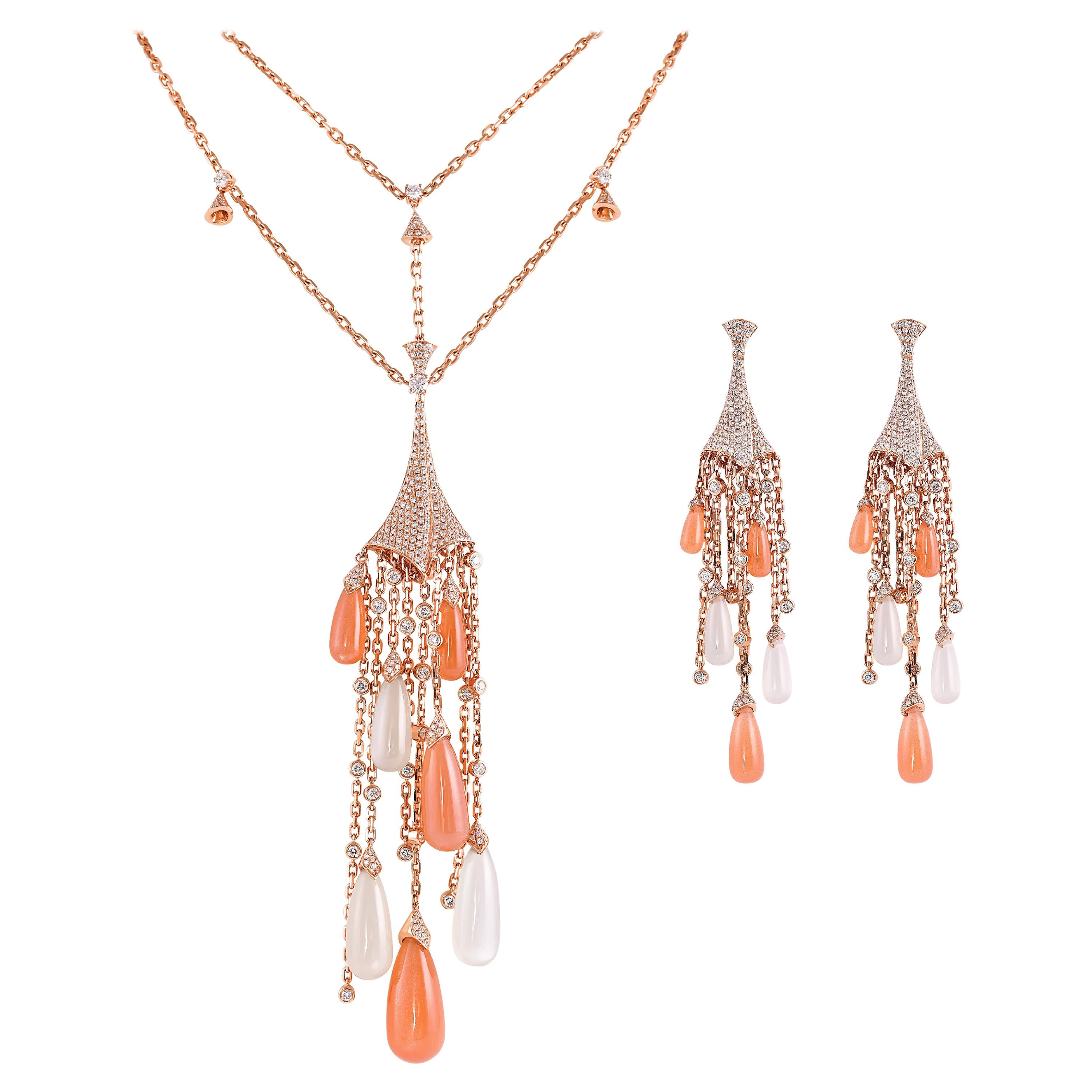 Orange & White Moonstone Earrings & Necklace Set in 18 Karat Gold with Diamond For Sale