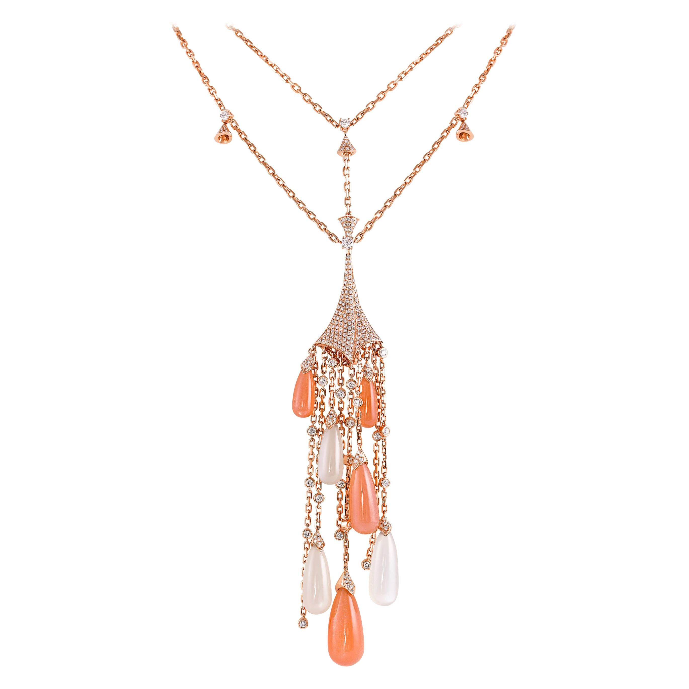 Orange & White Moonstone Necklace in 18 Karat Gold with Diamond For Sale