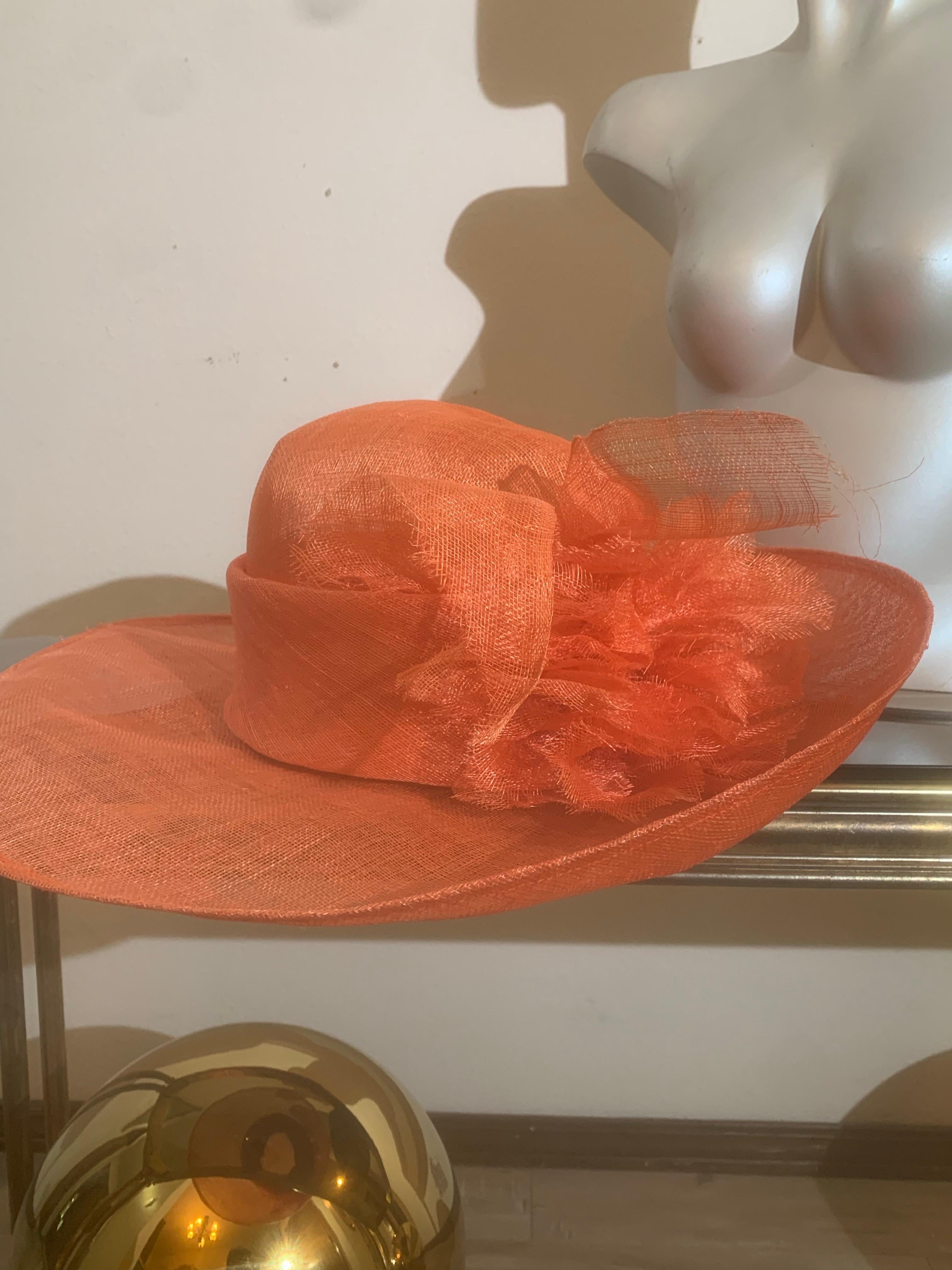 Orange Wide Brim Couture Straw Hat w Round Crown & Straw Floral Details For Sale 6