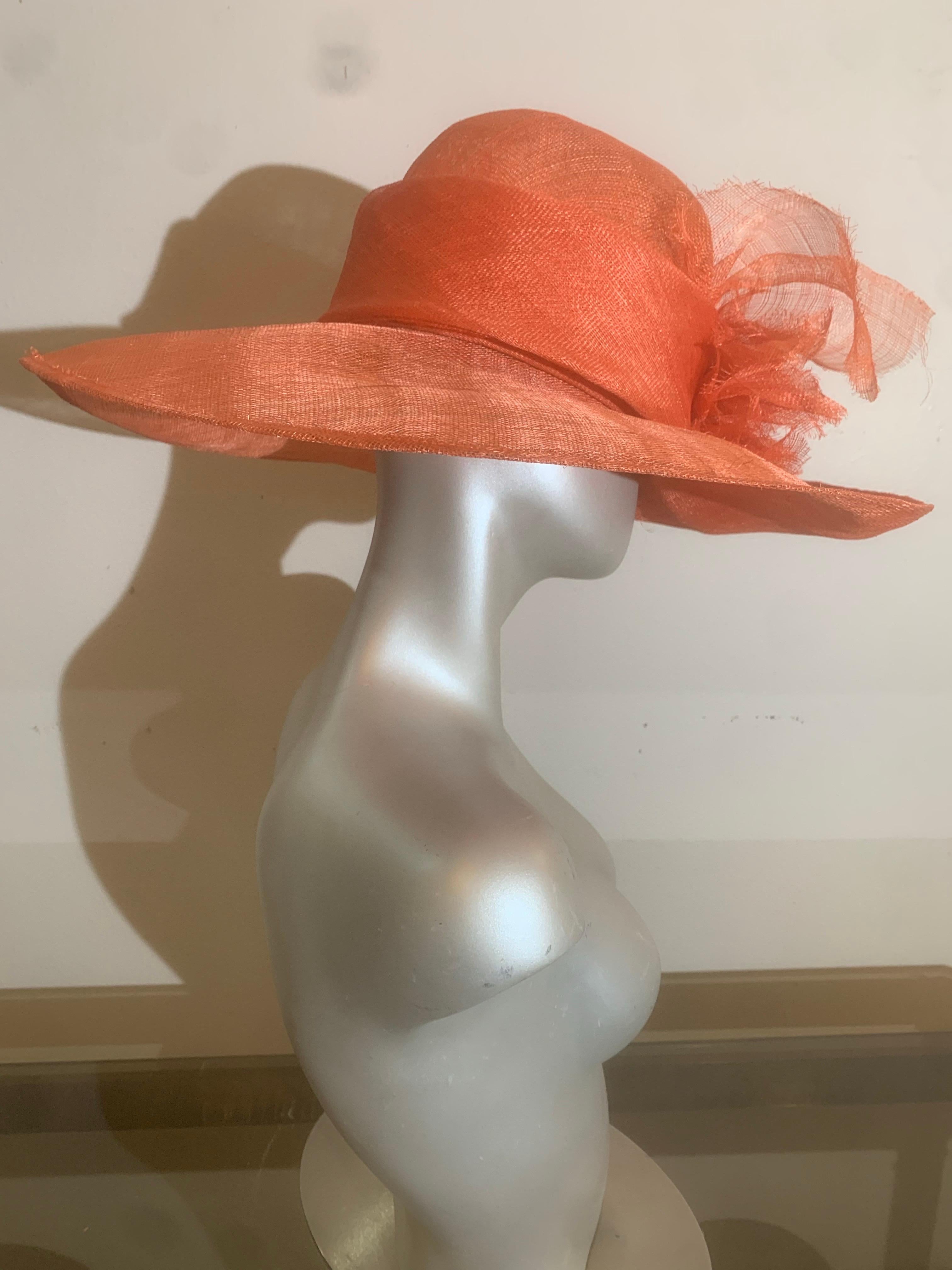 Orange Wide Brim Couture Straw Hat w Round Crown & Straw Floral Details For Sale 7