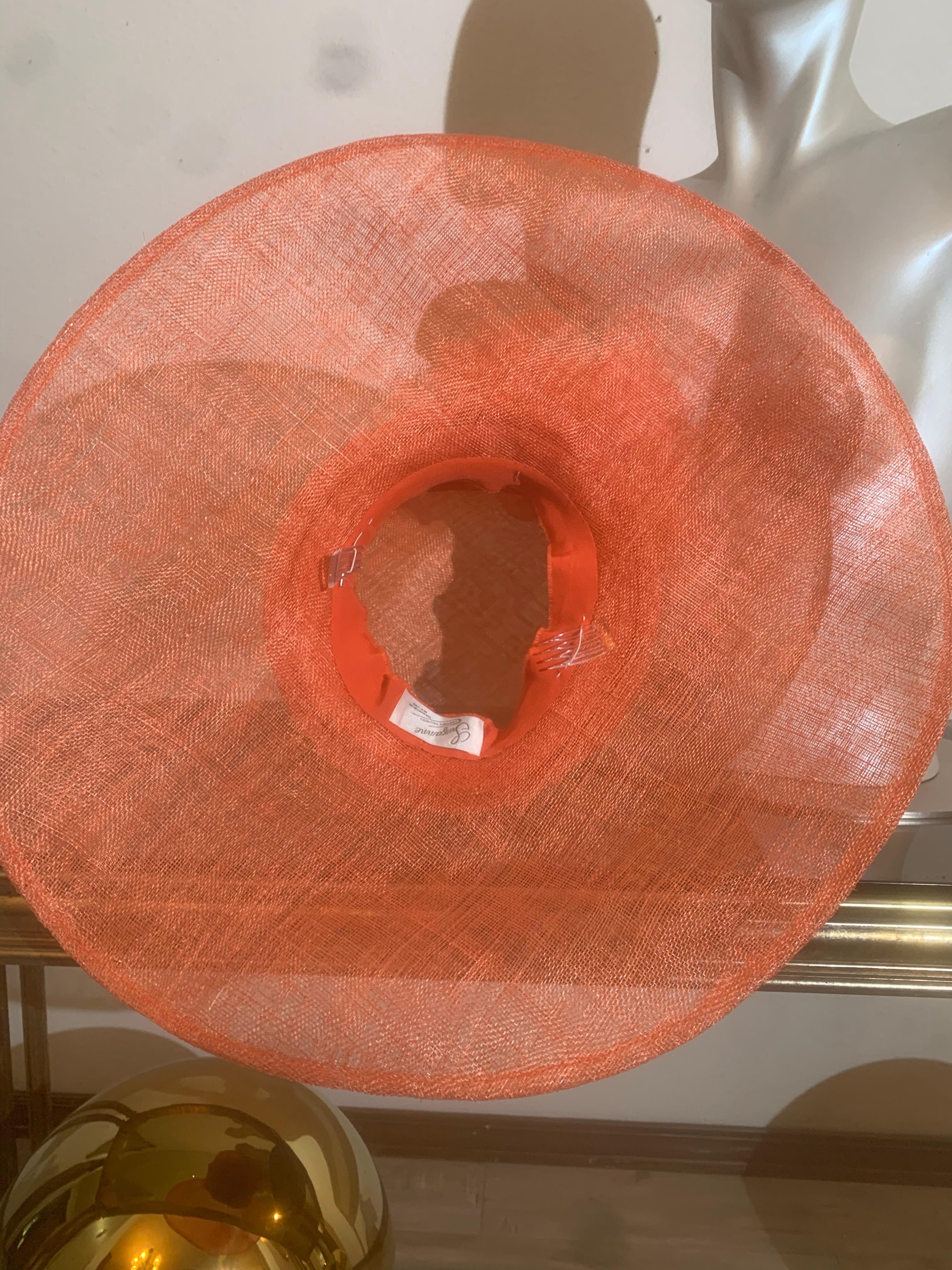 Orange Wide Brim Couture Straw Hat w Round Crown & Straw Floral Details For Sale 8