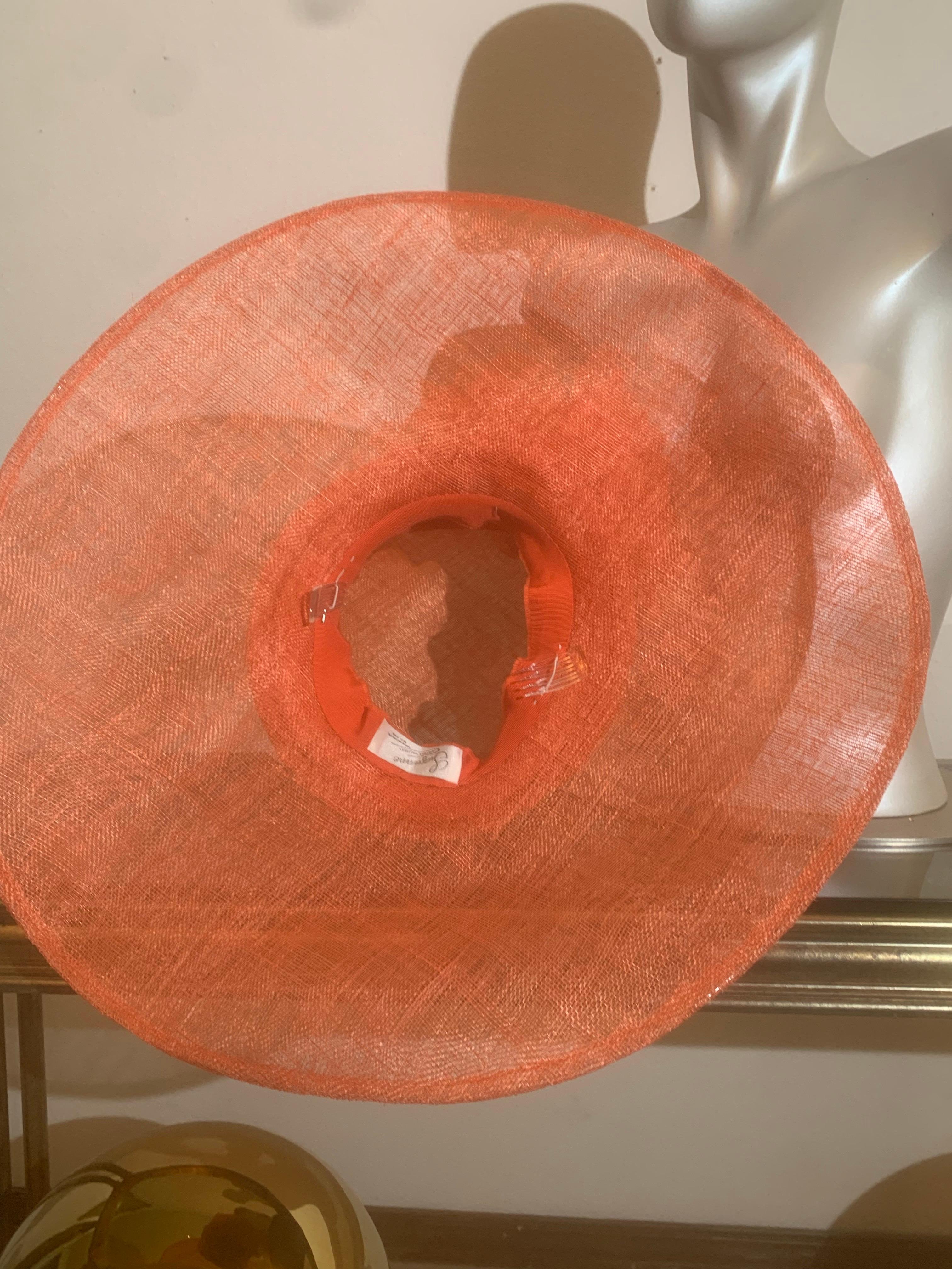 Orange Wide Brim Couture Straw Hat w Round Crown & Straw Floral Details For Sale 9