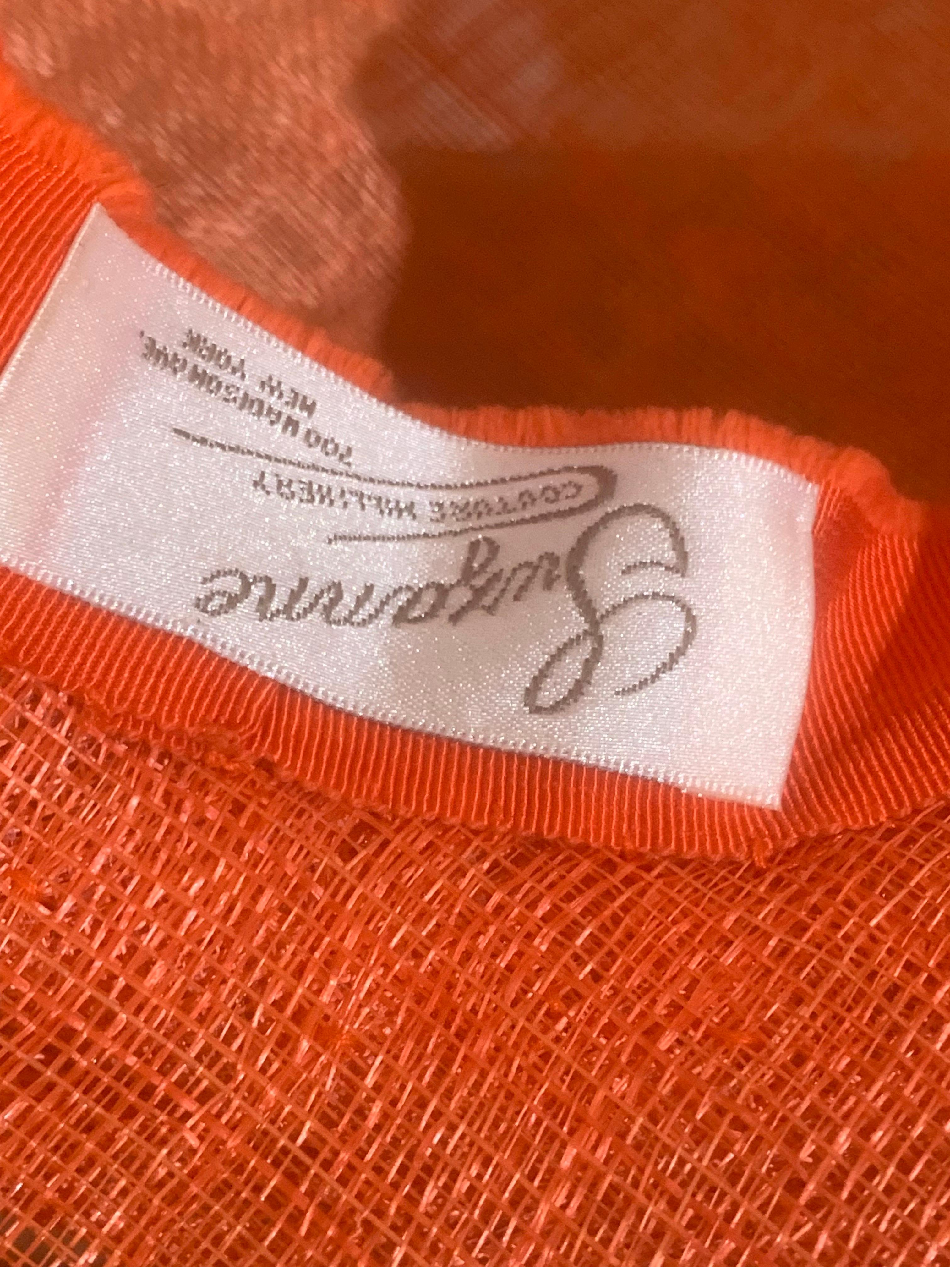 Orange Wide Brim Couture Straw Hat w Round Crown & Straw Floral Details For Sale 10