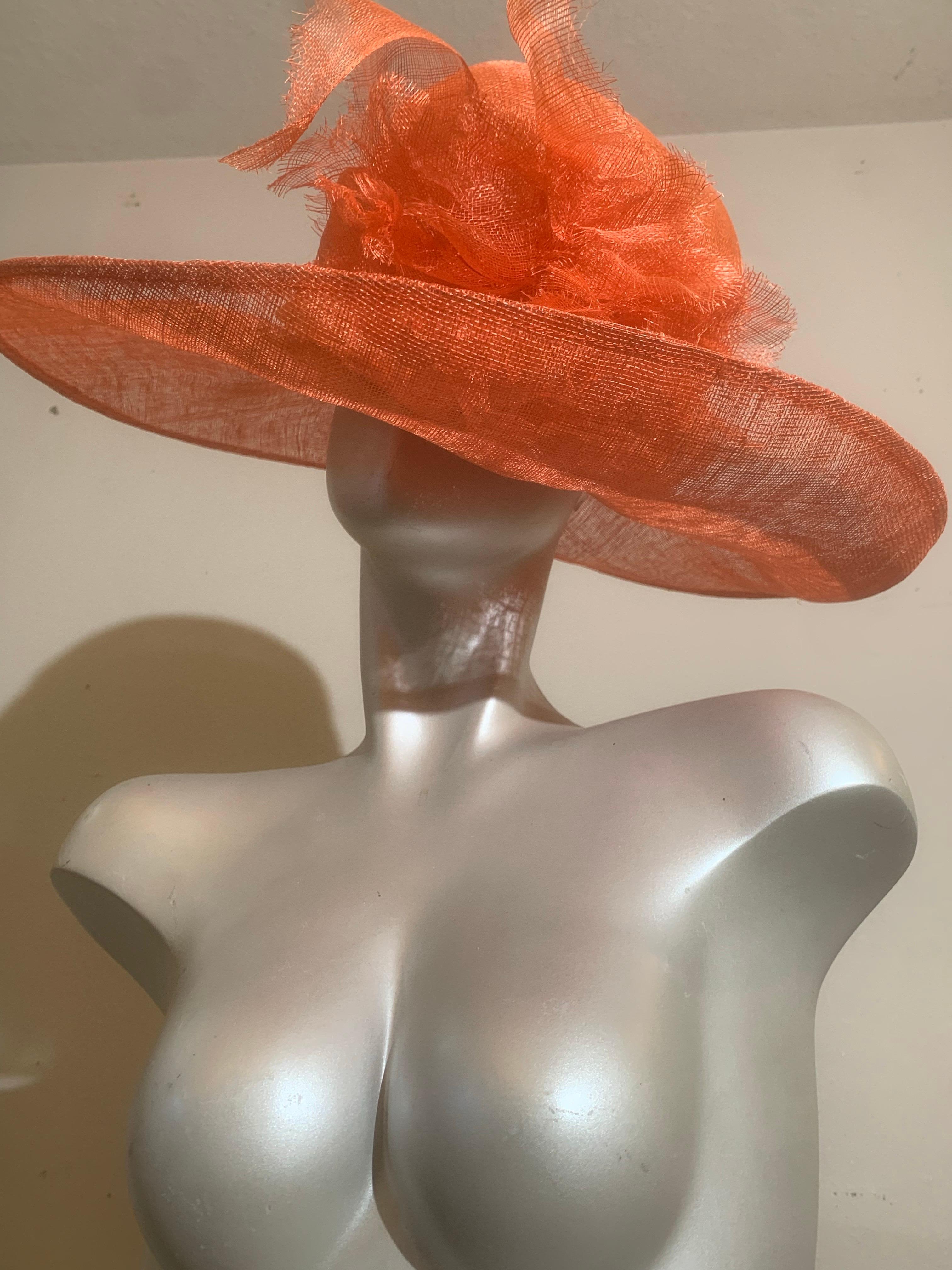 Orange Wide Brim Couture Straw Hat w Round Crown & Straw Floral Details In Excellent Condition For Sale In Gresham, OR
