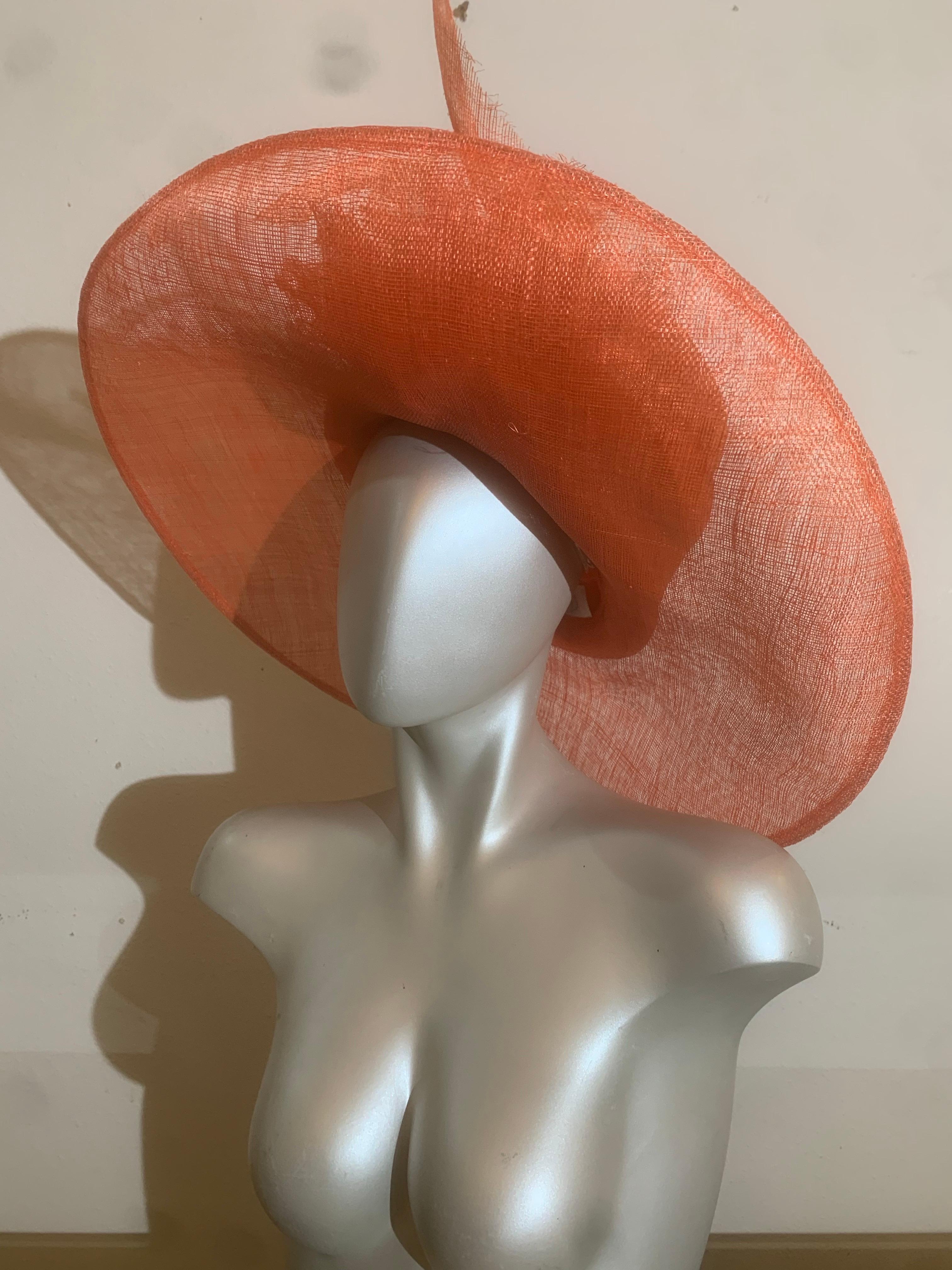 Orange Wide Brim Couture Straw Hat w Round Crown & Straw Floral Details For Sale 2
