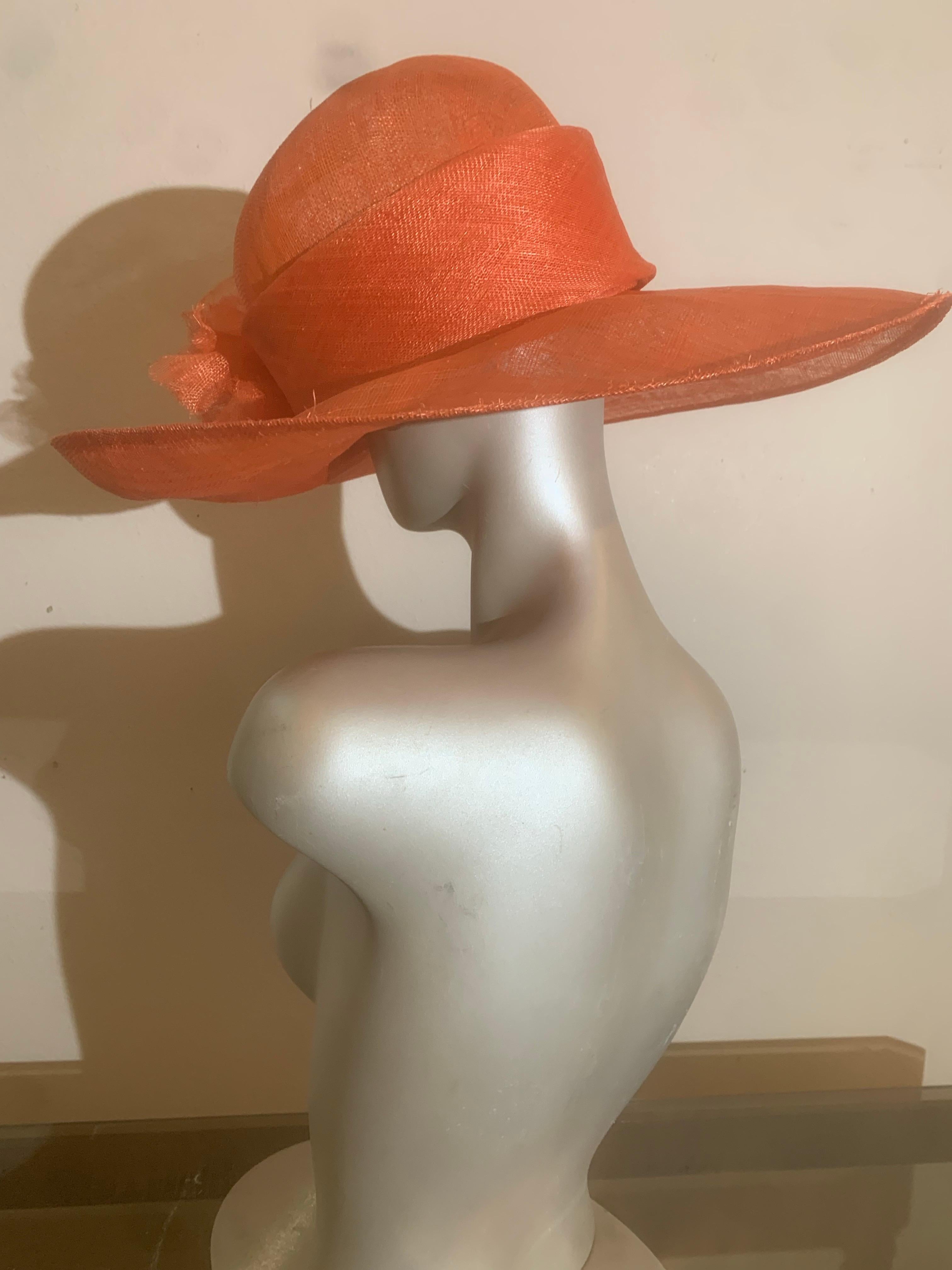 Orange Wide Brim Couture Straw Hat w Round Crown & Straw Floral Details For Sale 3