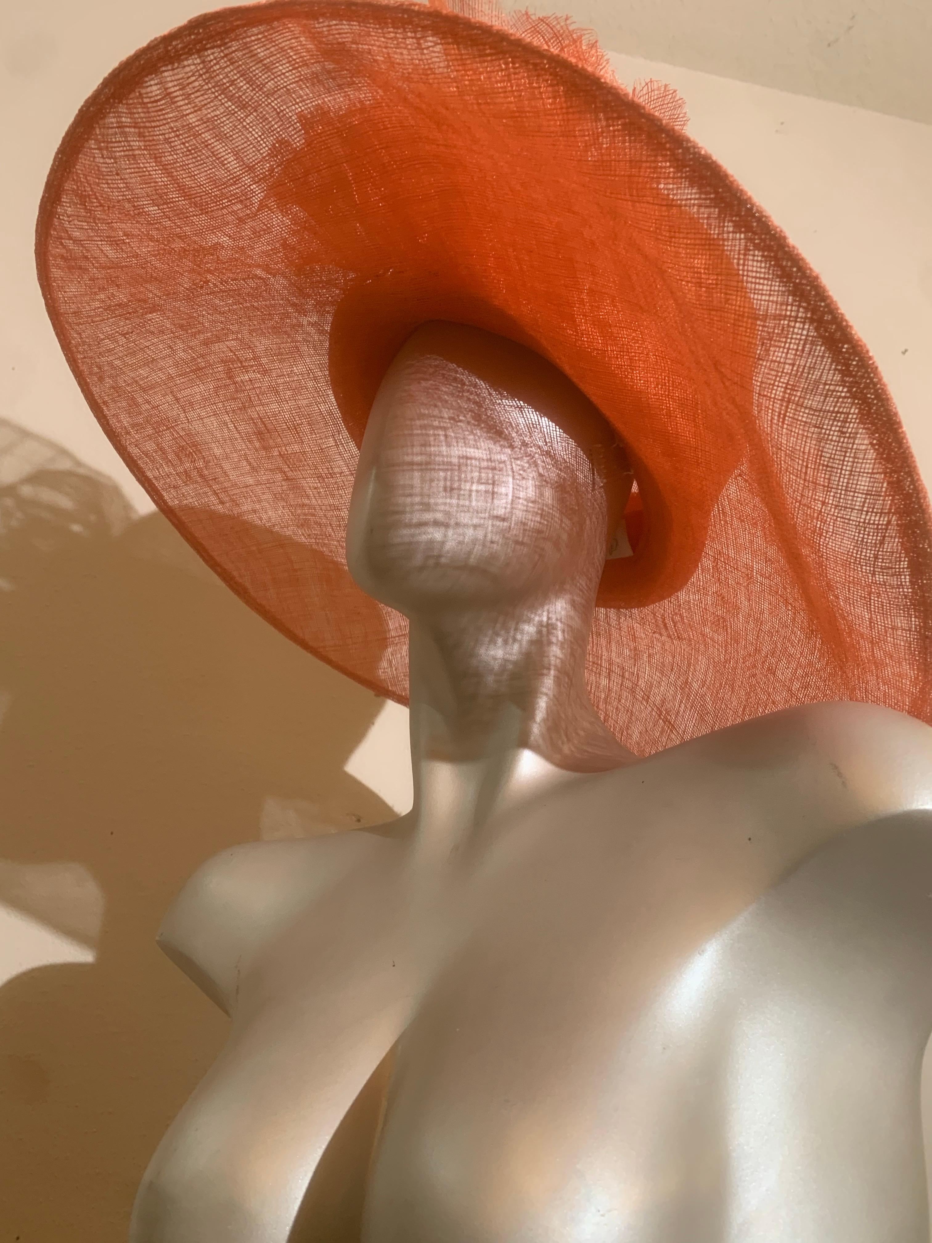 Orange Wide Brim Couture Straw Hat w Round Crown & Straw Floral Details For Sale 4