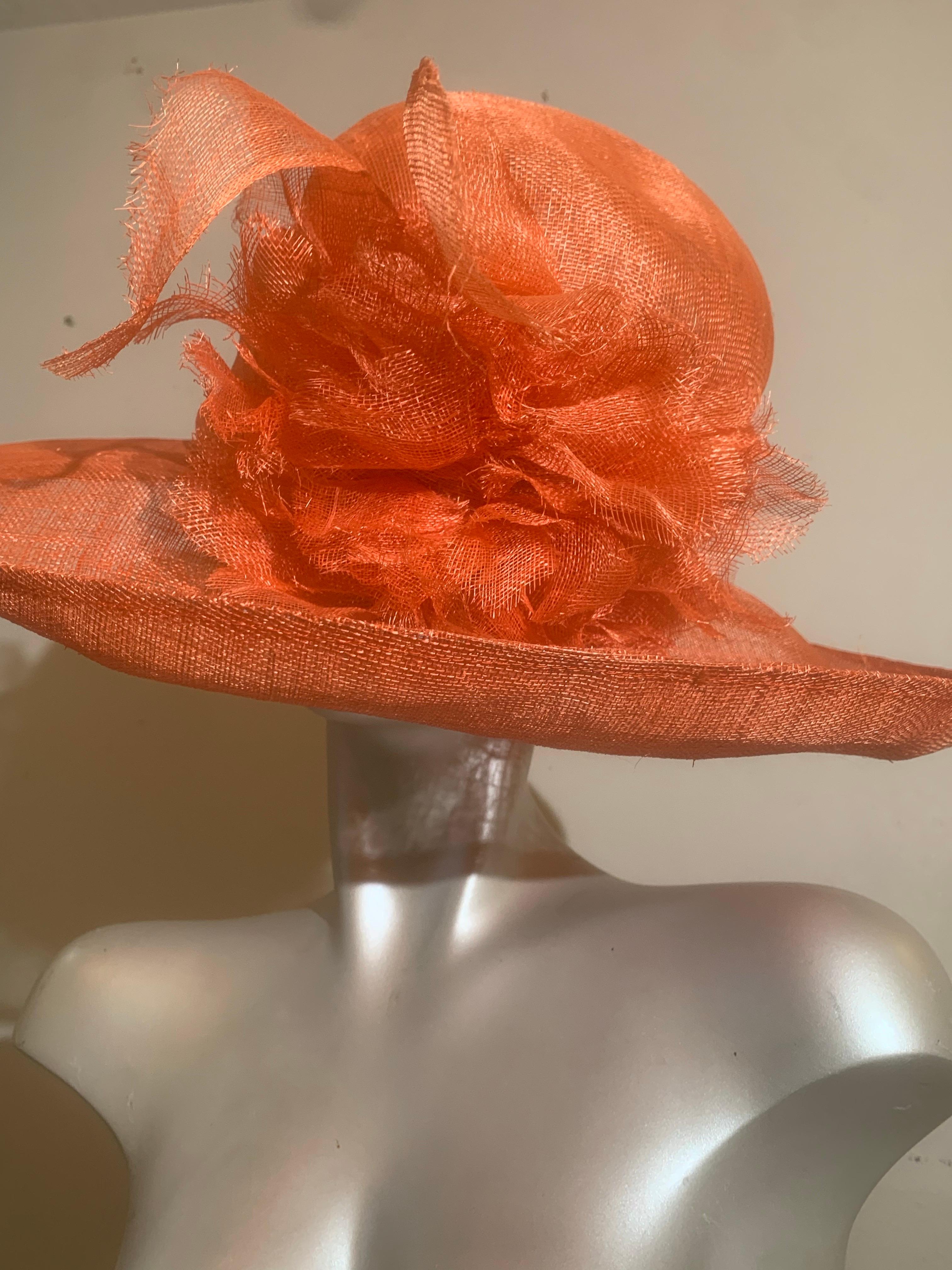 Orange Wide Brim Couture Straw Hat w Round Crown & Straw Floral Details For Sale 5