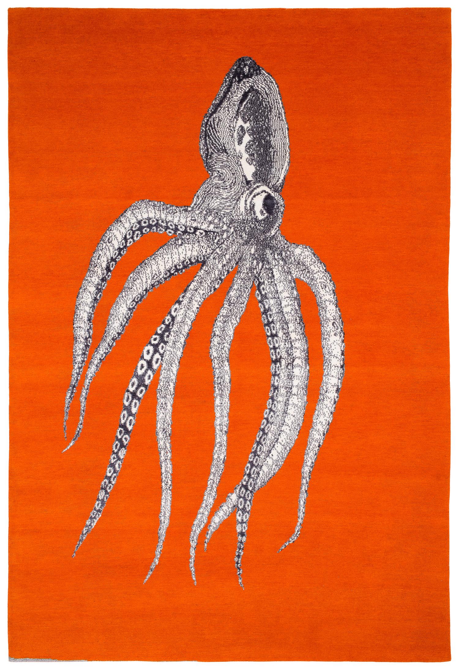 Modern Handmade Octopus Art Orange Wool and Silk Area Rug Inky by Joseph Carini For Sale 3