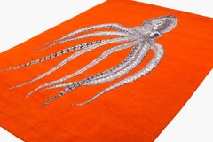 Modern Handmade Octopus Art Orange Wool and Silk Area Rug Inky by Joseph Carini