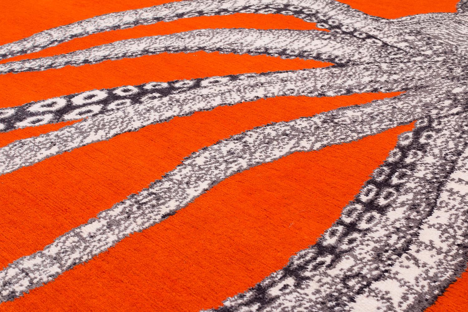 Nepalese Modern Handmade Octopus Art Orange Wool and Silk Area Rug Inky by Joseph Carini For Sale