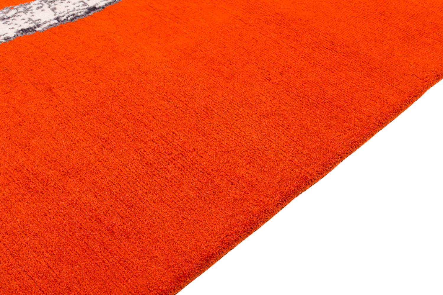 Modern Handmade Octopus Art Orange Wool and Silk Area Rug Inky by Joseph Carini For Sale 2