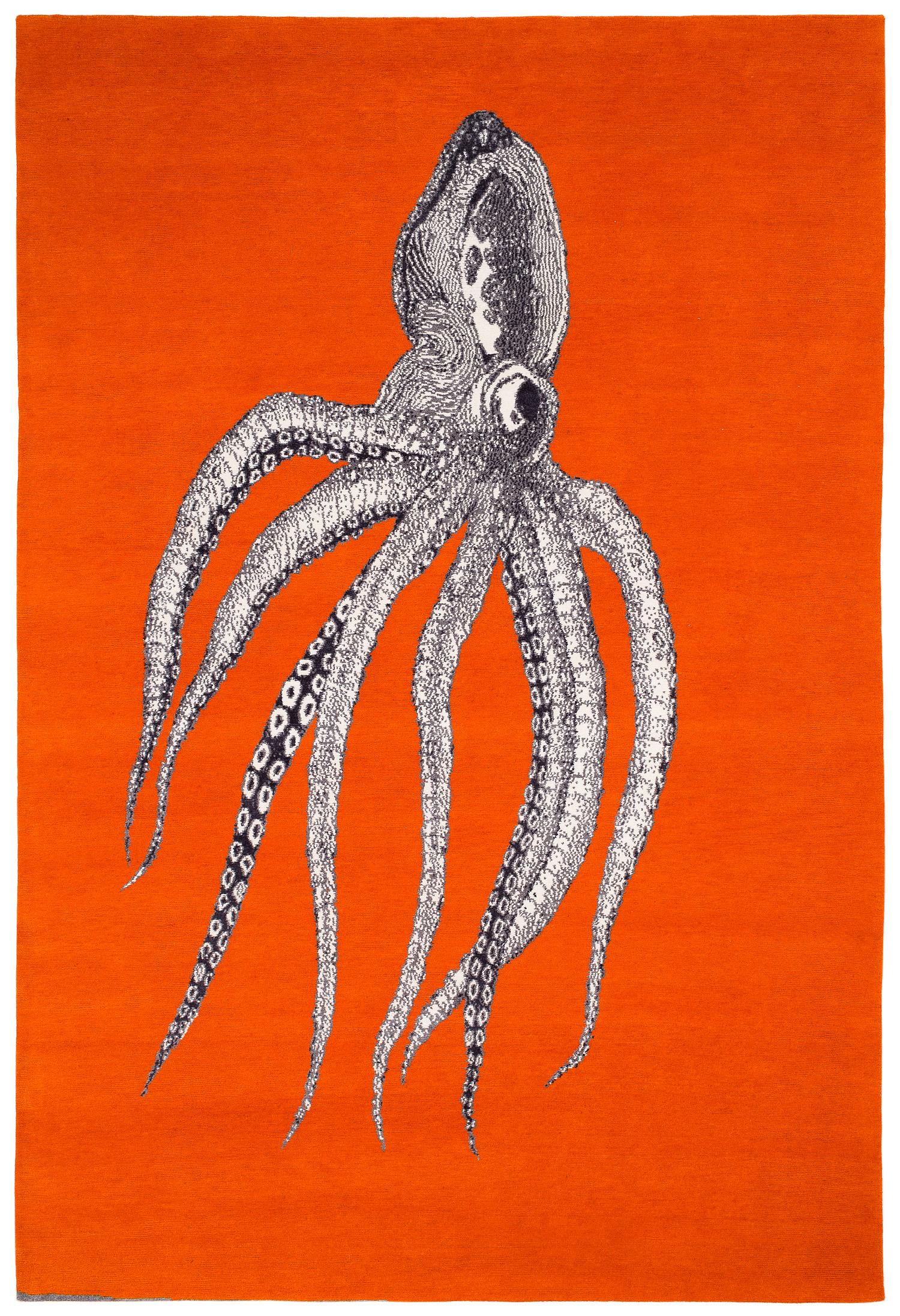 Modern Handmade Octopus Art Orange Wool and Silk Area Rug Inky by Joseph Carini For Sale 4