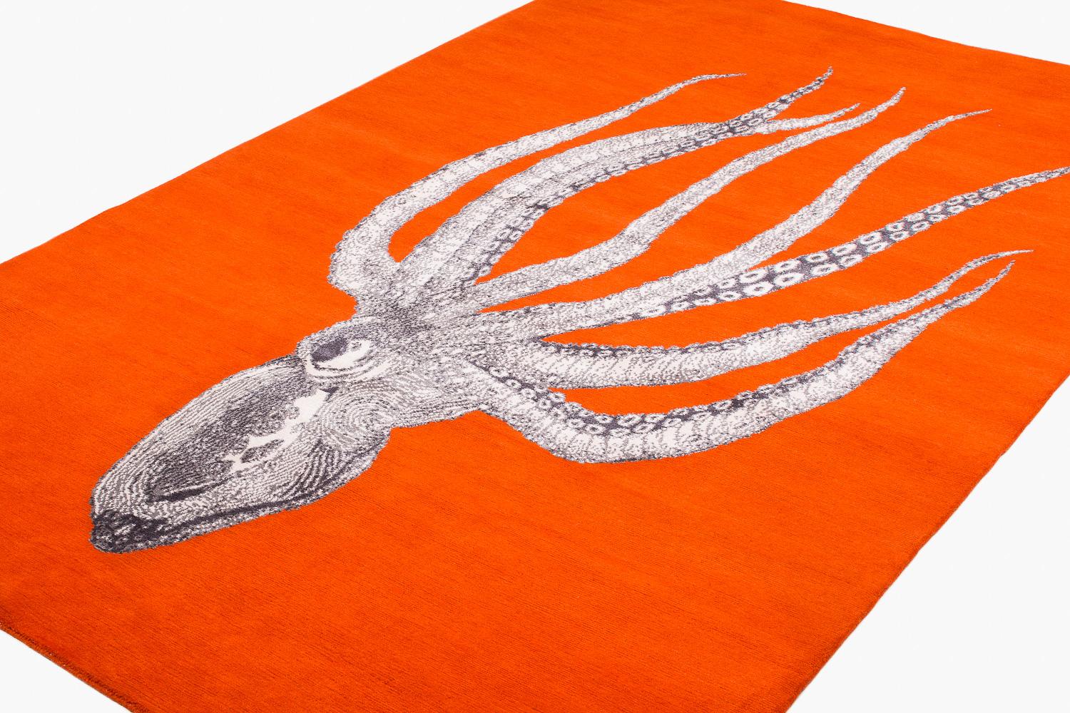 Modern Handmade Octopus Art Orange Wool and Silk Area Rug Inky by Joseph Carini For Sale 1