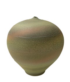 Orange, gelbe und blaue Bänder Hand Made Steingutvase, Contemporary, USA