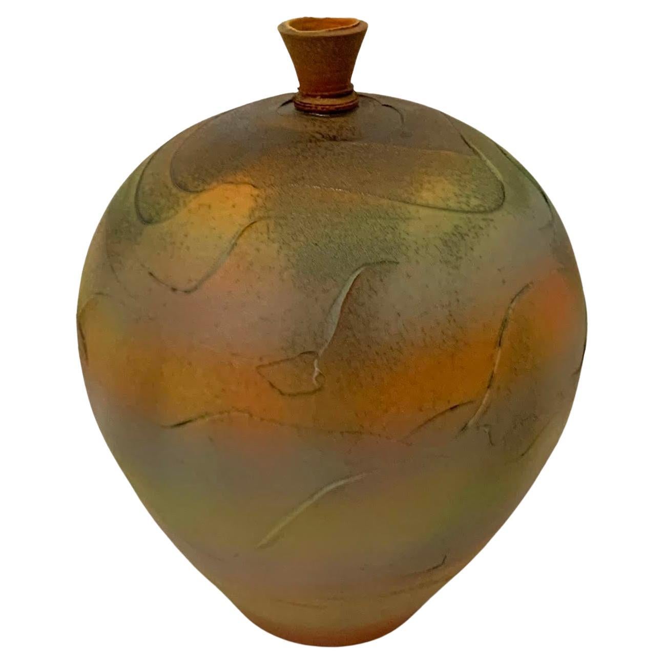 Orange, Yellow and Green Textured Vase with Small Spout, U.S.A., Contemporary For Sale