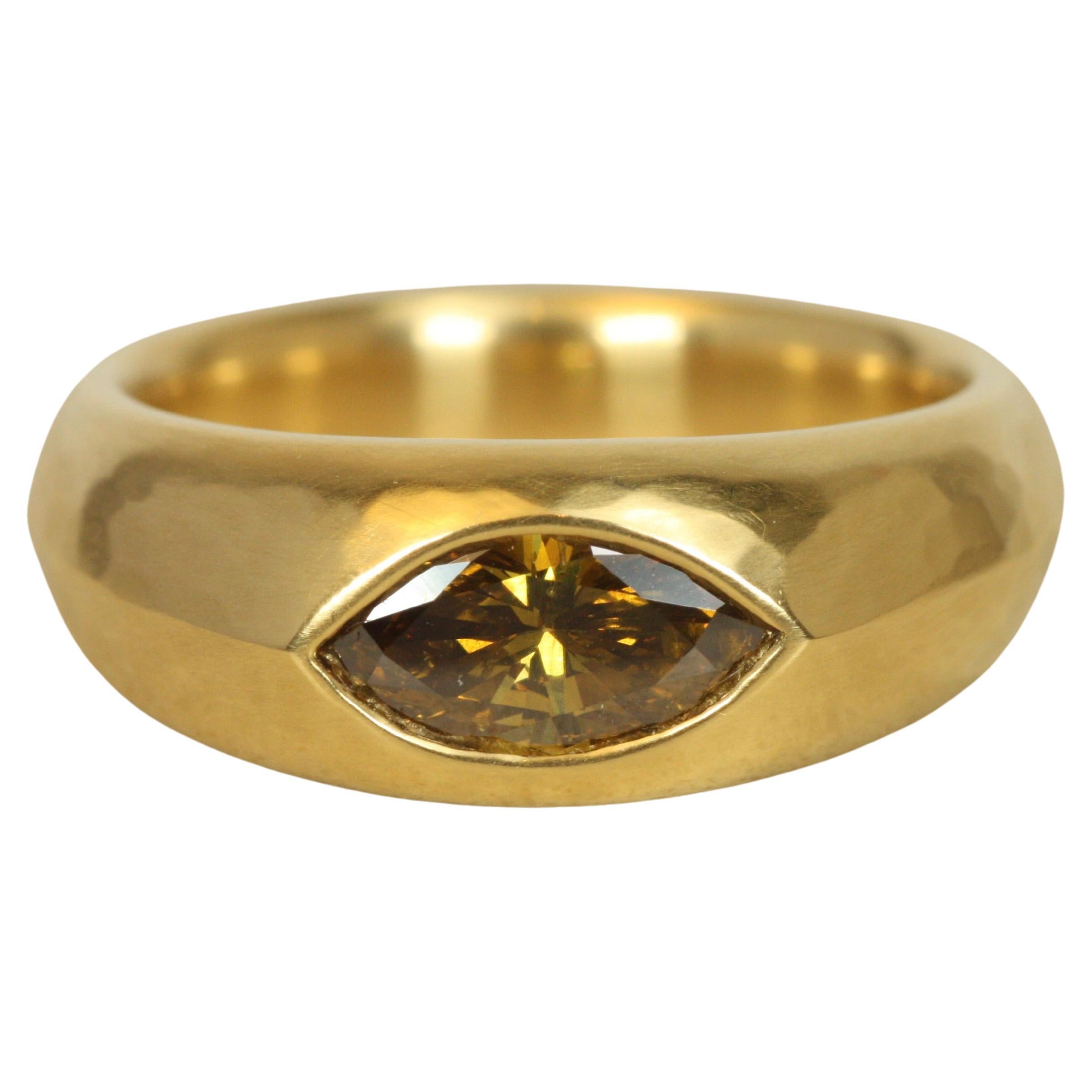 Orange Yellow Brown Marquise-Cut Diamond Gypsy Solitaire Ring in 22K Yellow Gold