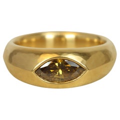 Orange Yellow Brown Marquise-Cut Diamond Gypsy Solitaire Ring in 22K Yellow Gold