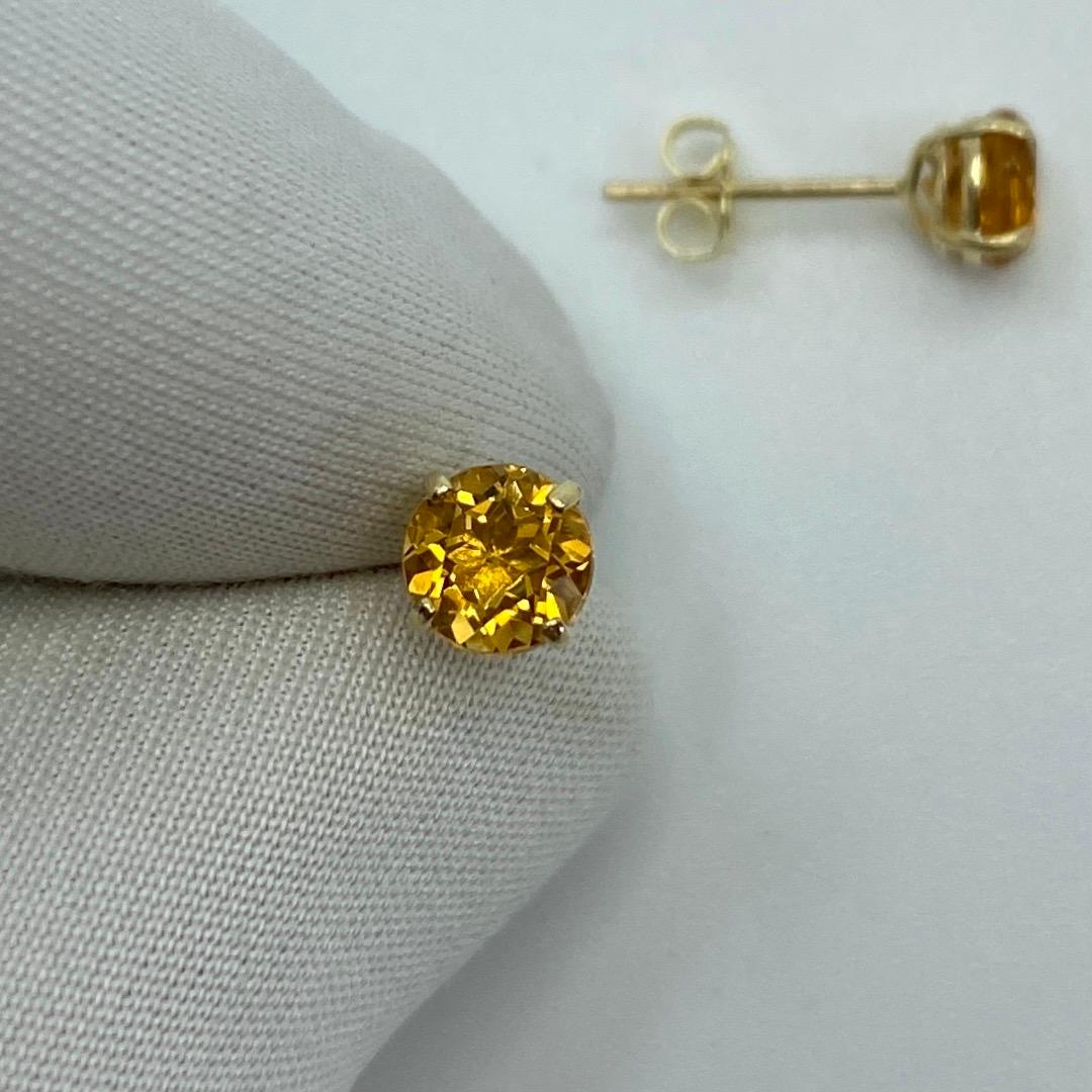 Orange Yellow Champagne Topaz Round Diamond Cut 1.15ct Yellow Gold Earring Studs In New Condition For Sale In Birmingham, GB