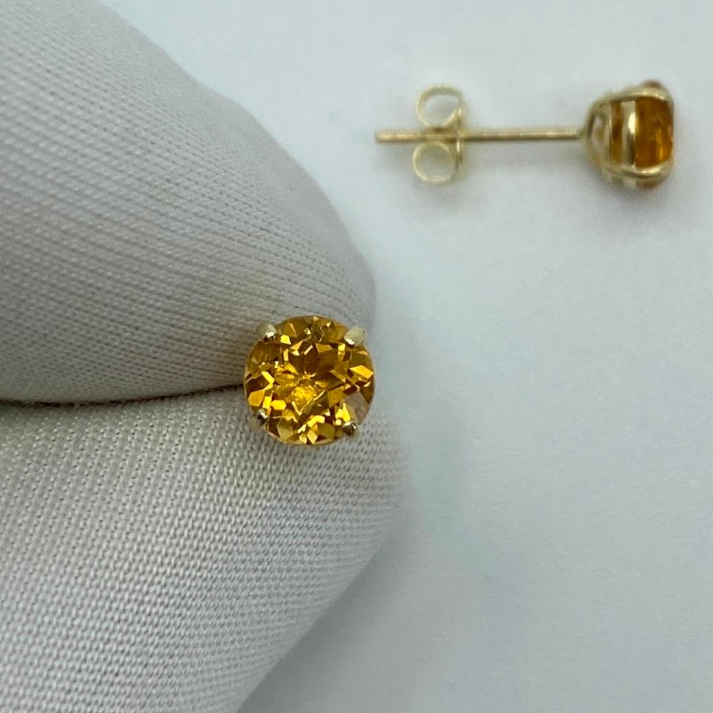 Women's or Men's Orange Yellow Champagne Topaz Round Diamond Cut 1.15ct Yellow Gold Earring Studs For Sale