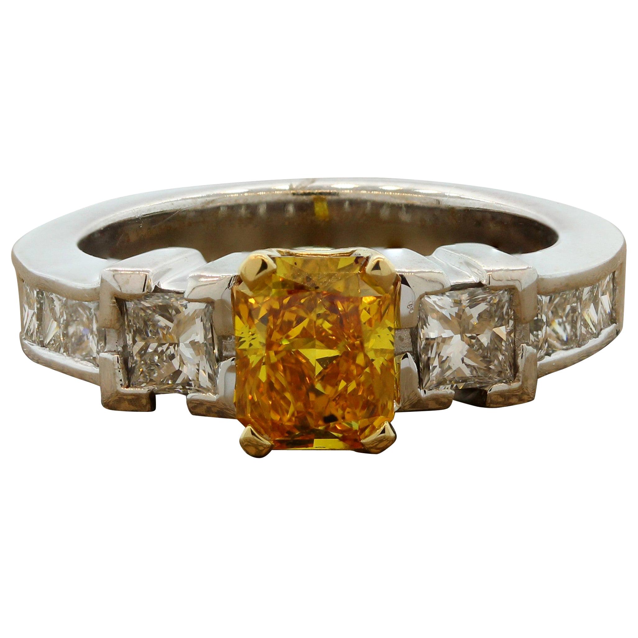 Orange-Yellow Diamond Gold Engagement Ring For Sale