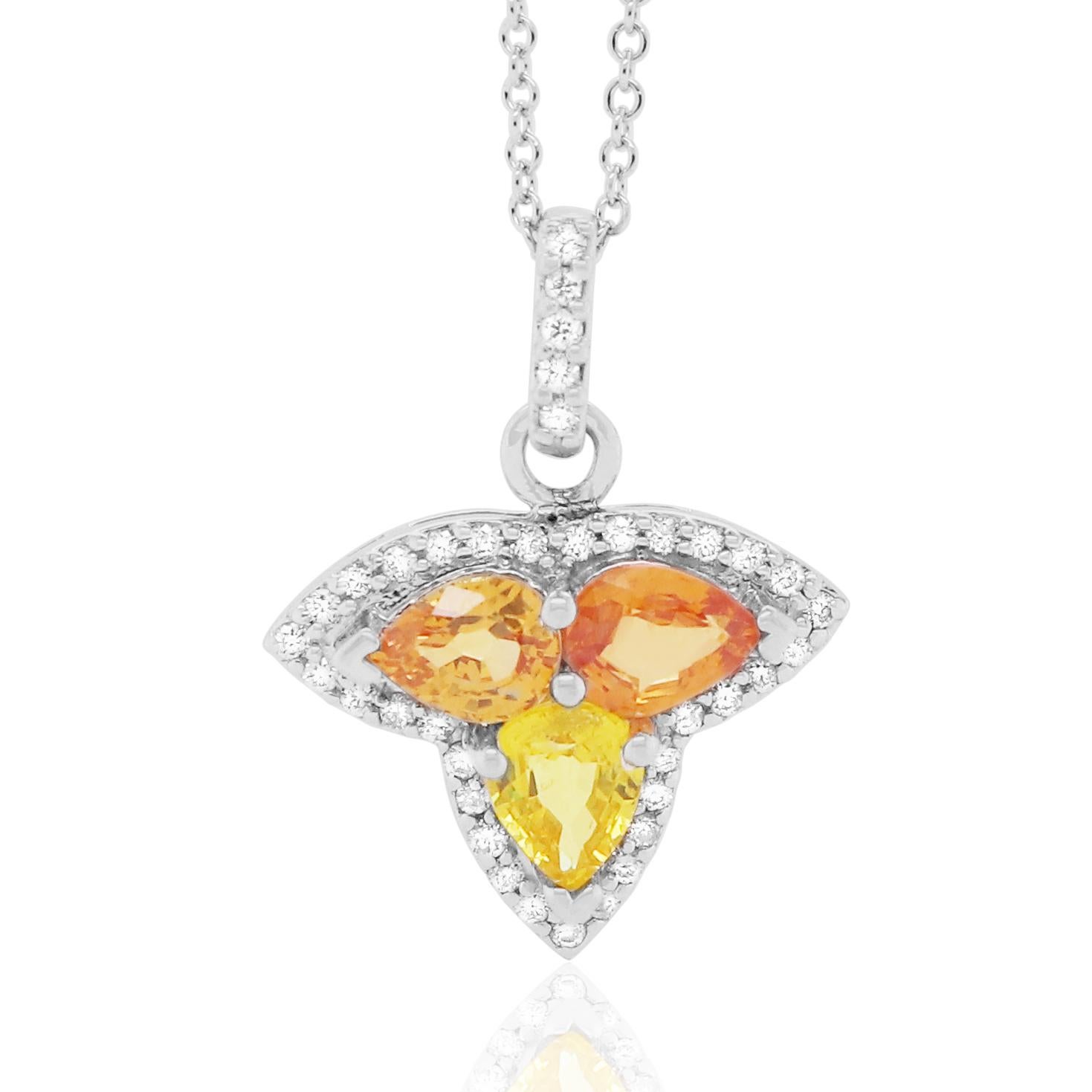 Pear Cut Orange and Yellow Multi-Color Sapphire and Diamond Clover Pendant