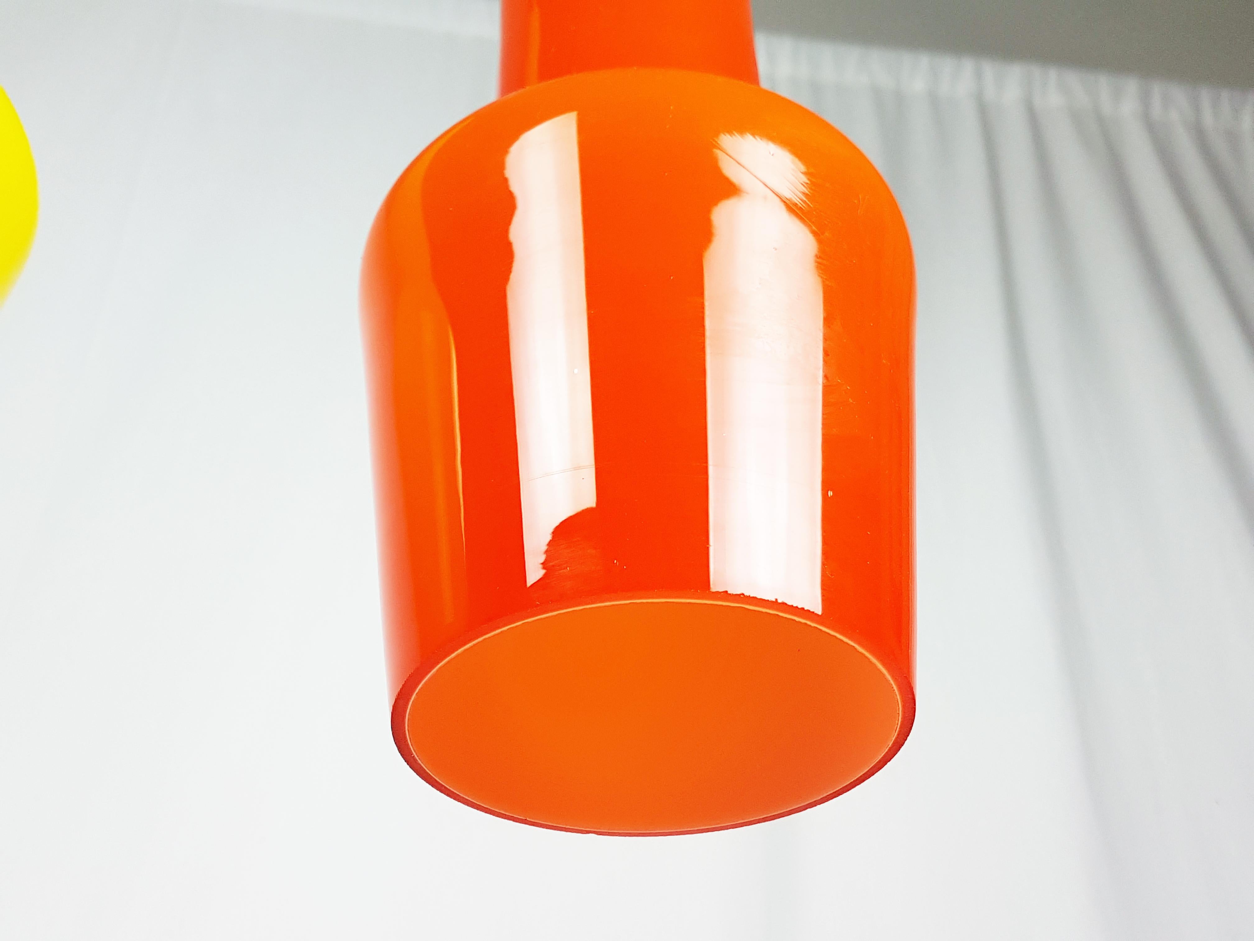 Painted Orange and Yellow Murano Glass Shade and Brass 1950s Pendant by Stilnovo For Sale