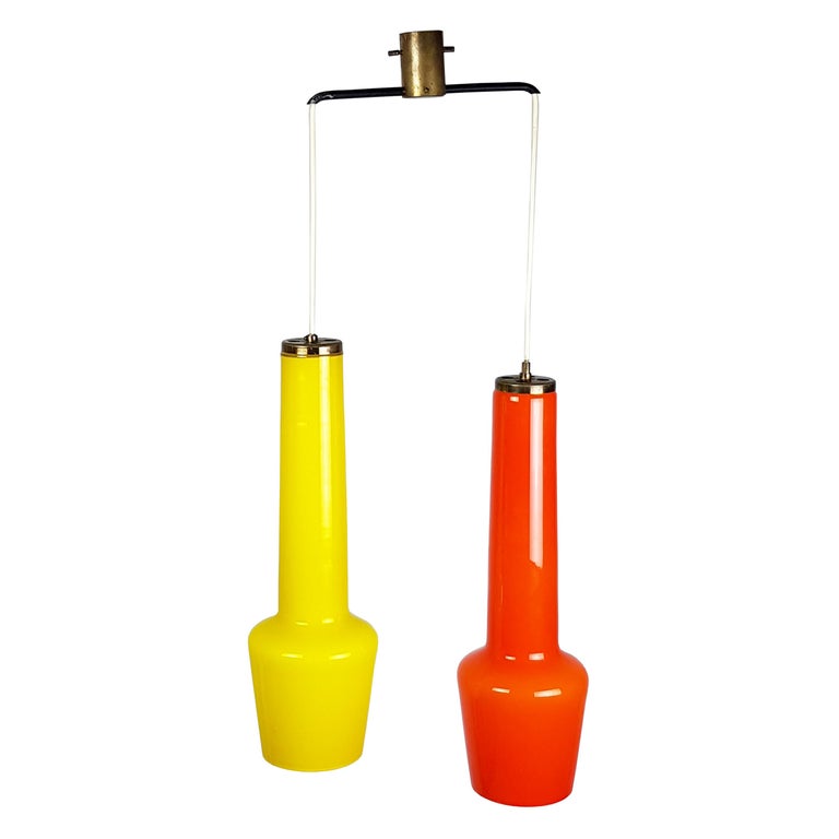 Orange and Yellow Murano Glass Shade and Brass 1950s Pendant by