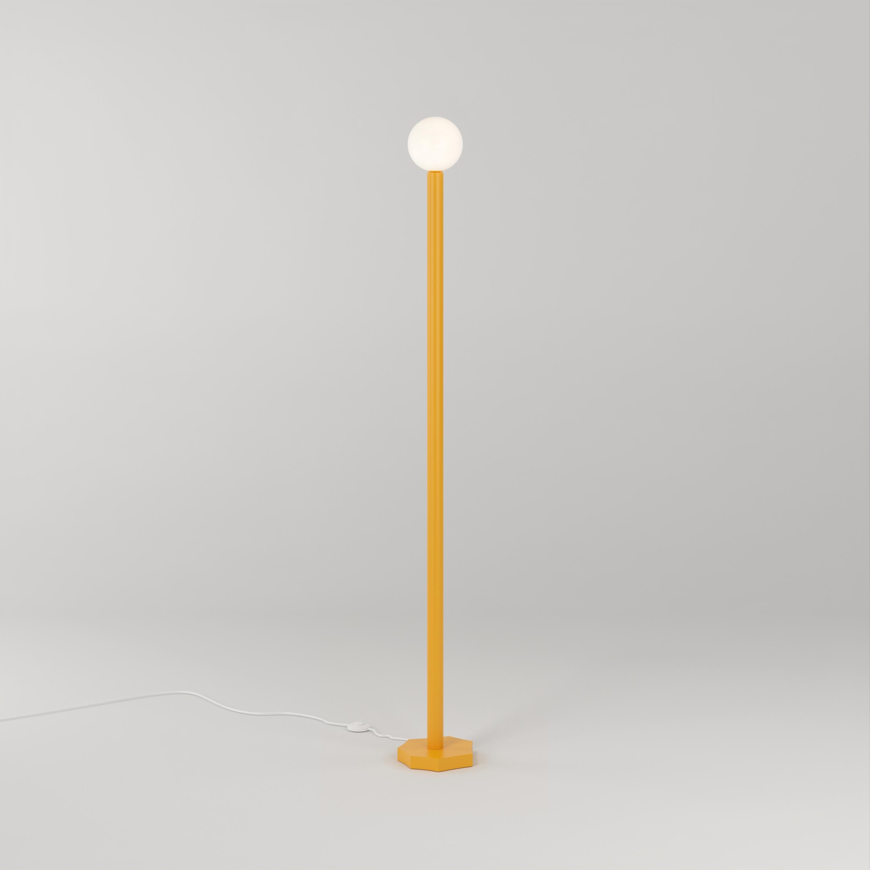 Orange Yellow Outlines Cut Floor Light by Atelier Areti
Dimensions: D 20.4 x H 156.7 cm.
Materials: Powder-coated metal, white glass.

Available in cut cylinder base, free shape base, or egg shape base.
Available with globe or cone.
Available in