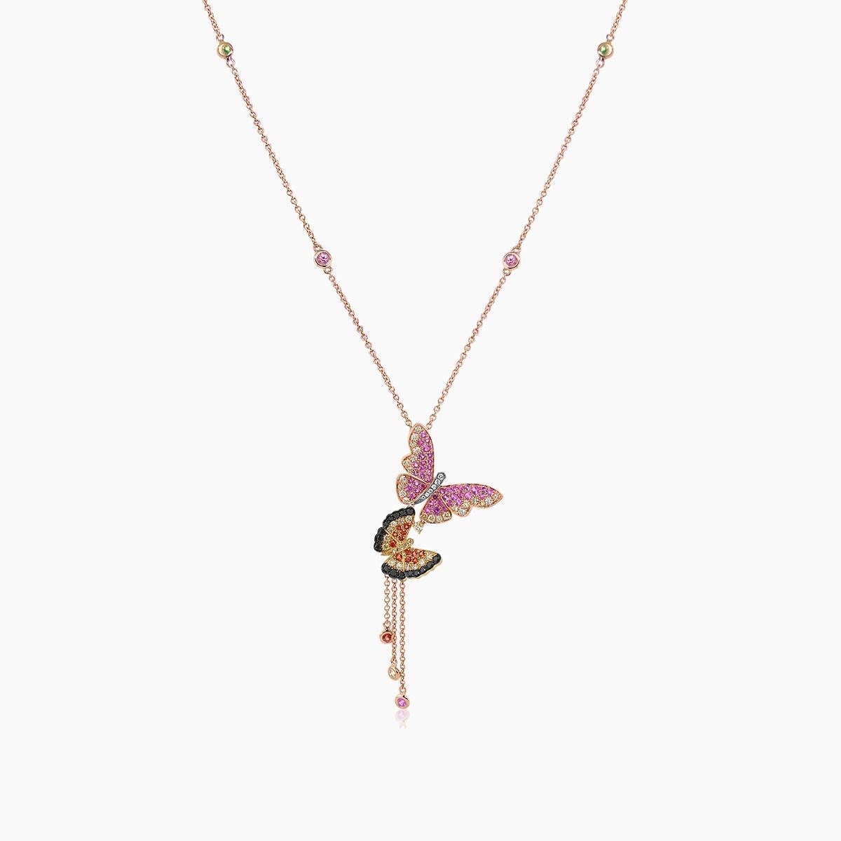 Mixed Cut Orange Yellow Pink Sapphire Diamonds Butterfly Sweet Rose Gold Pendant Necklace For Sale