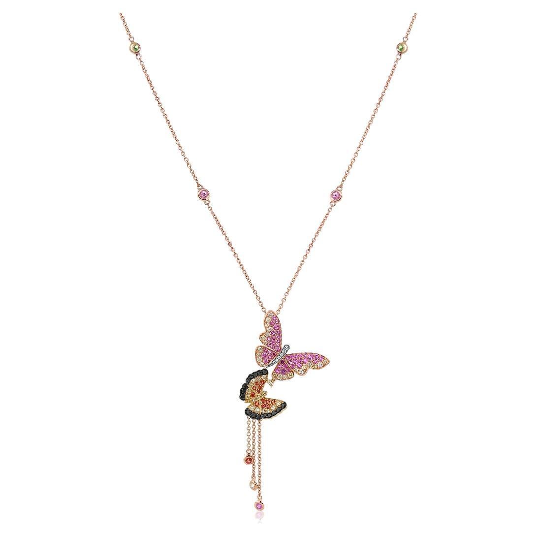 Orange Yellow Pink Sapphire Diamonds Butterfly Sweet Rose Gold Pendant Necklace
