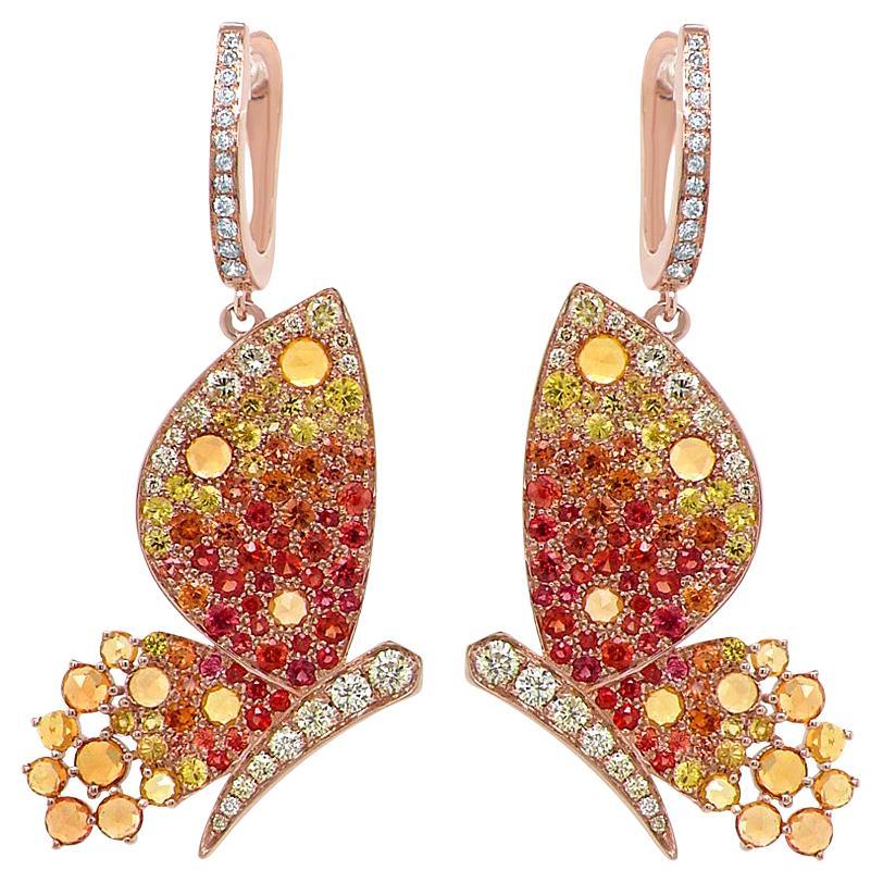Orange Yellow Sapphire & Diamonds Butterfly Sweet 18K Rose Gold Clip Earrings