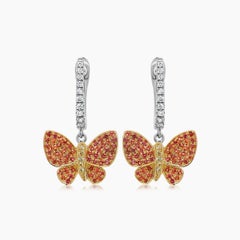 Orange Yellow Sapphire & Diamonds Butterfly Sweet 18K Twotone Gold Clip Earrings