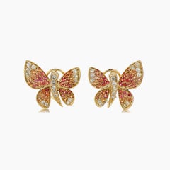 Orange Yellow Sapphire & Diamonds Butterfly Sweet 18K Yellow Gold Clip Earrings