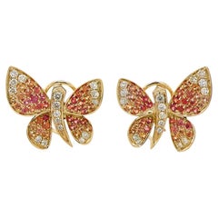 Orange Yellow Sapphire & Diamonds Butterfly Sweet 18K Yellow Gold Clip Earrings