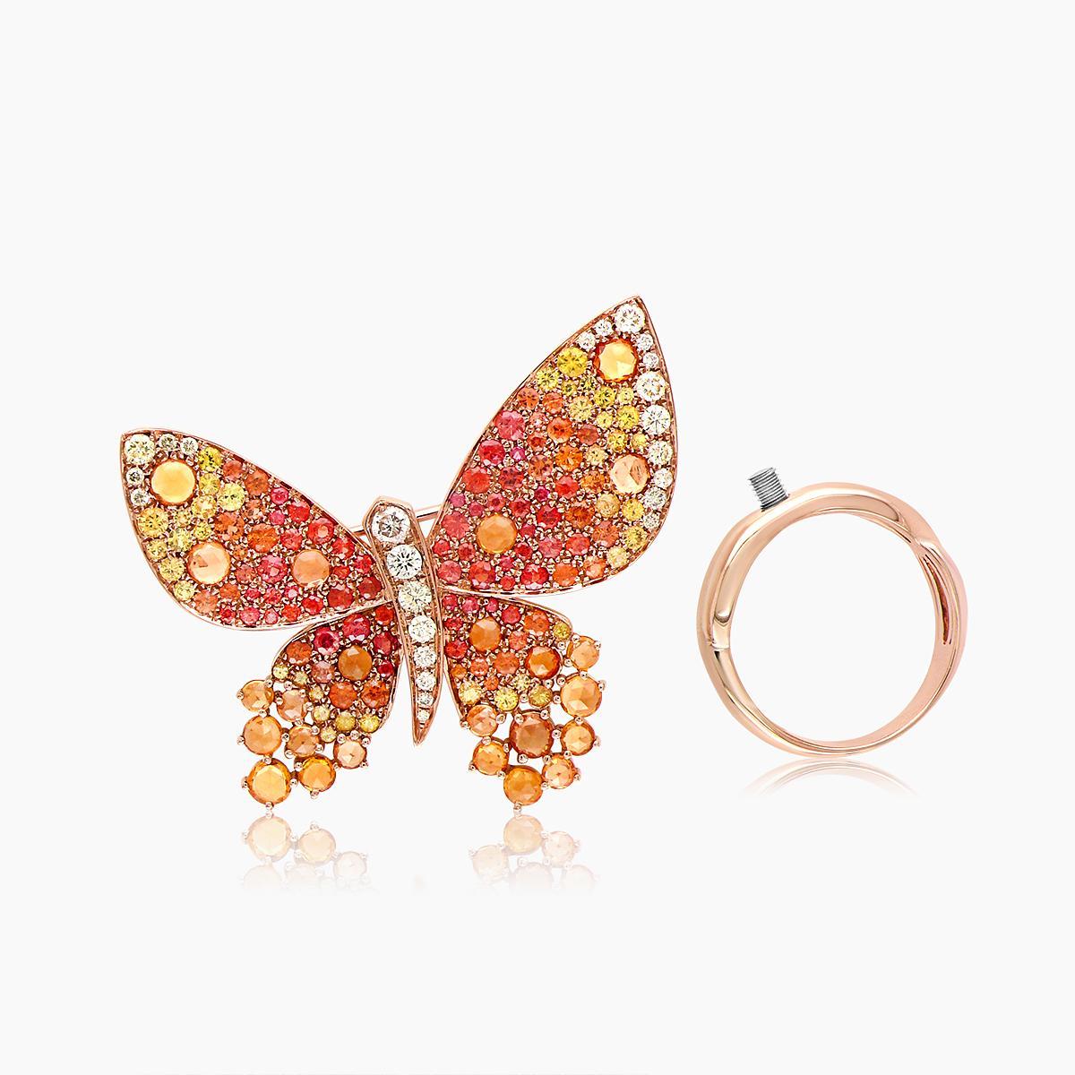 Mixed Cut Orange Yellow Sapphire & Diamonds Pave Butterfly Sweet 18K Rose Gold Animal Ring For Sale