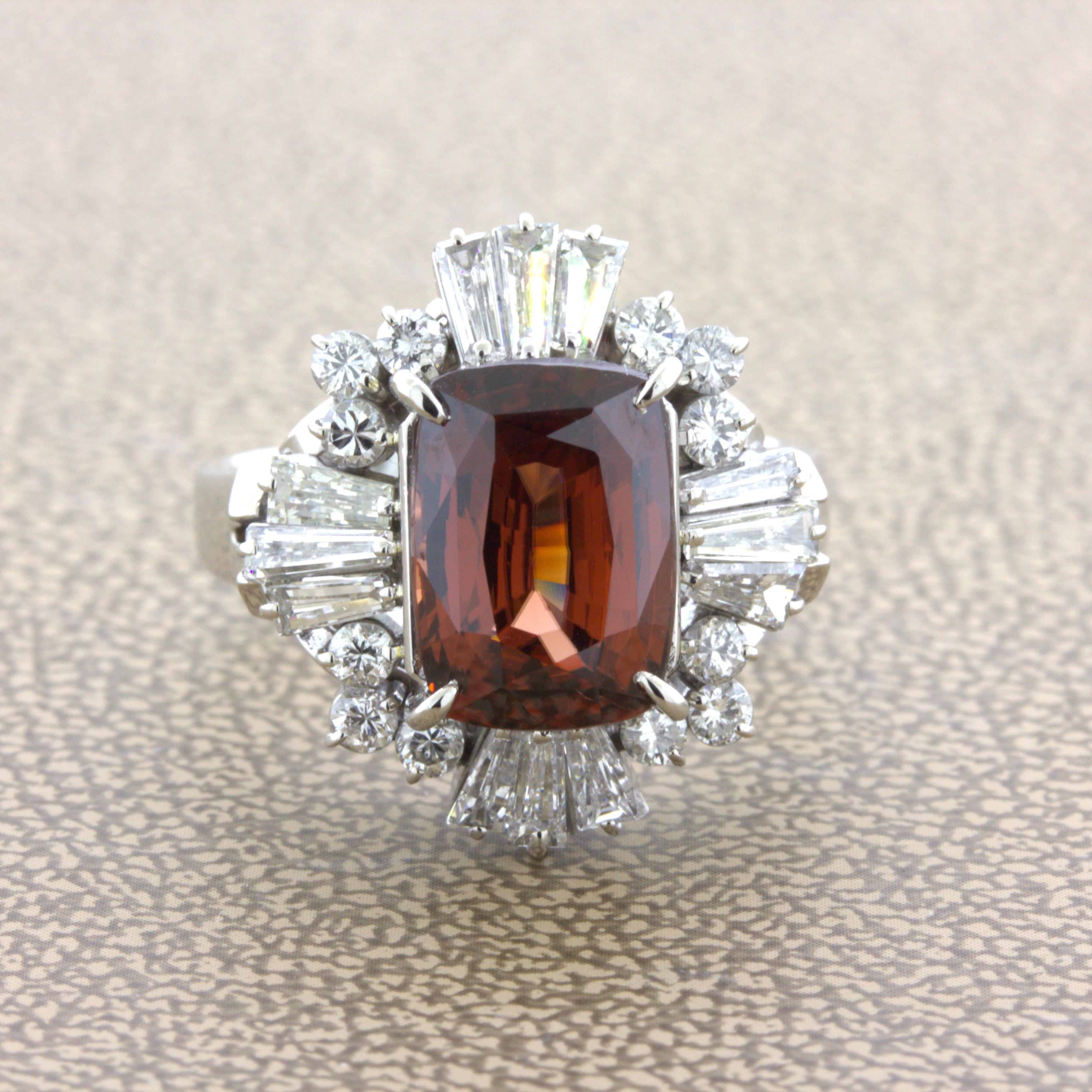 A chic and elegant platinum ring! It features a beautiful zircon weighing 5.21 carats with a unique golden-orange color. The color is both vivid and bright, and with zircon's high dispersion (higher than diamond) the stone radiates in the light. It