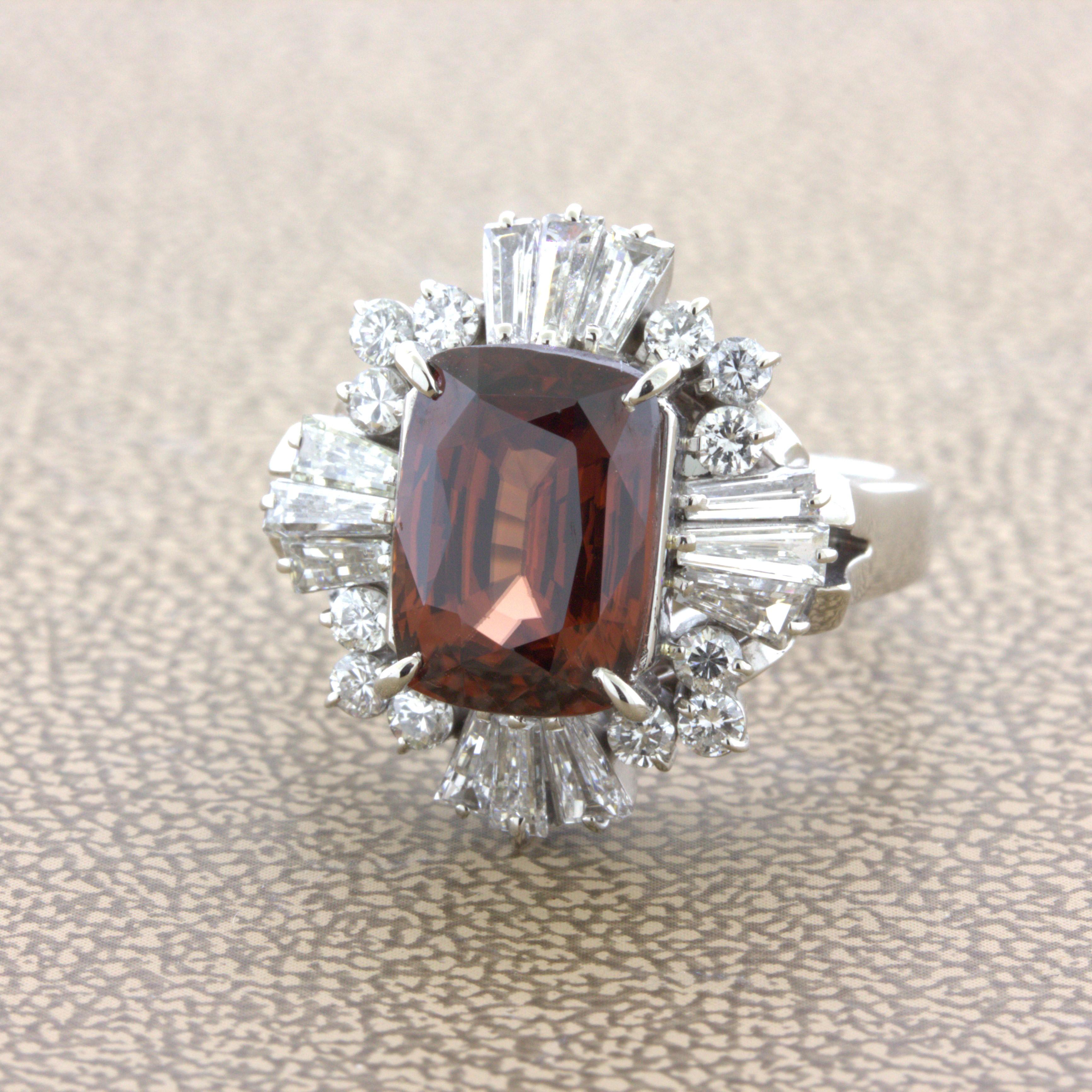 Cushion Cut Orange Zircon Diamond Platinum Ring For Sale