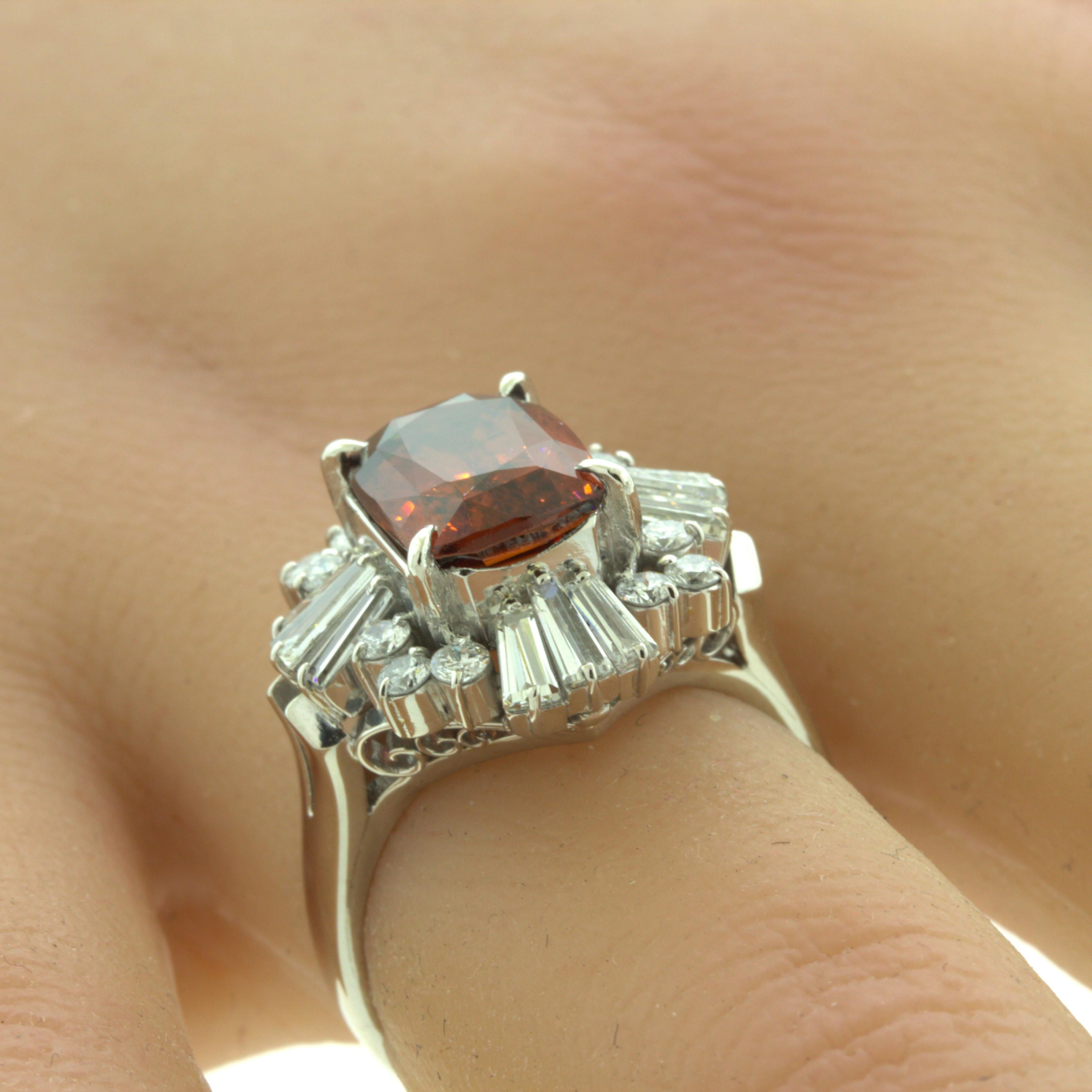 Orange Zircon Diamond Platinum Ring For Sale 4