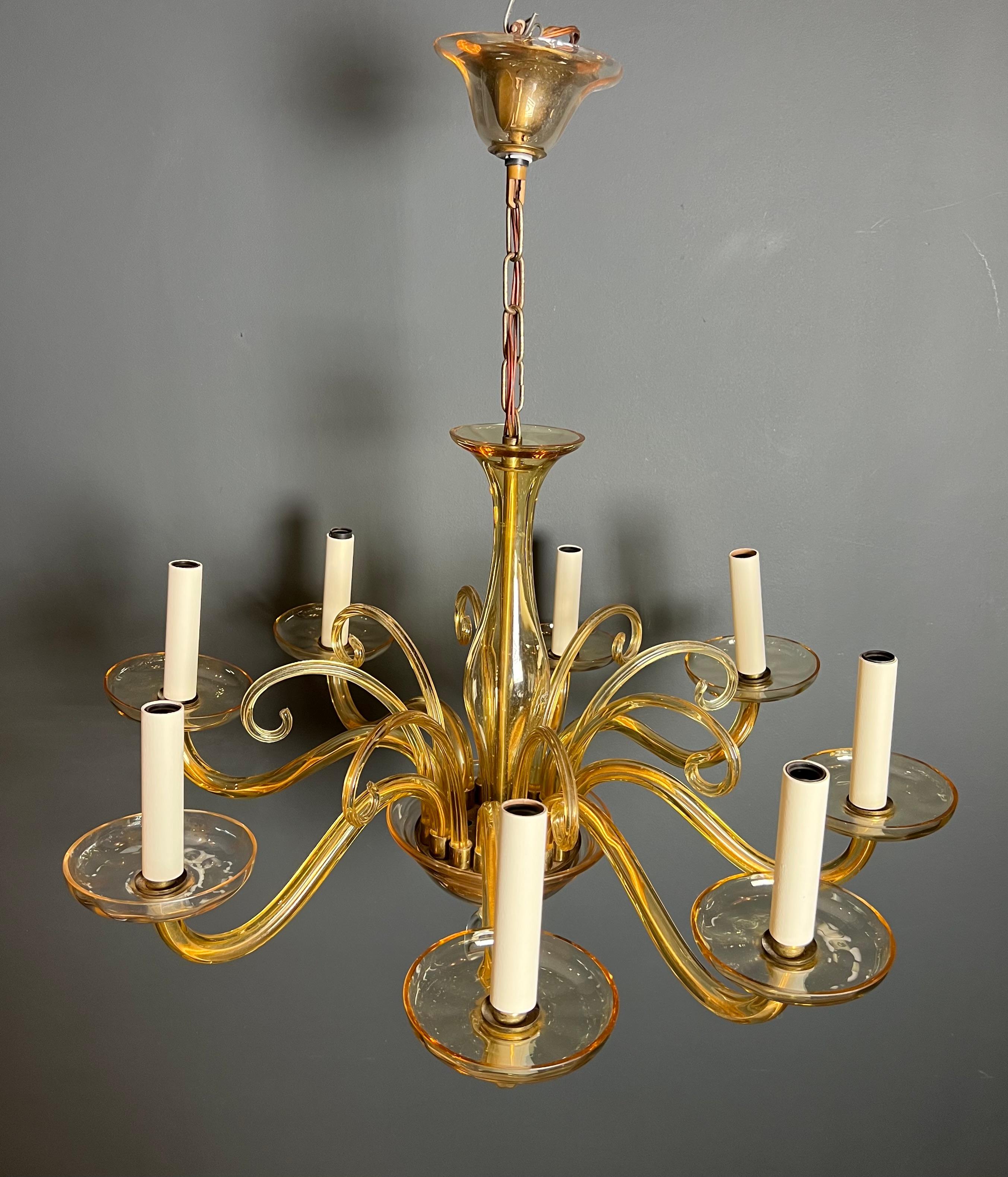 Orangeish Murano Crystal Chandelier with 8 Arms. Italian Work. Circa 1970 For Sale 8