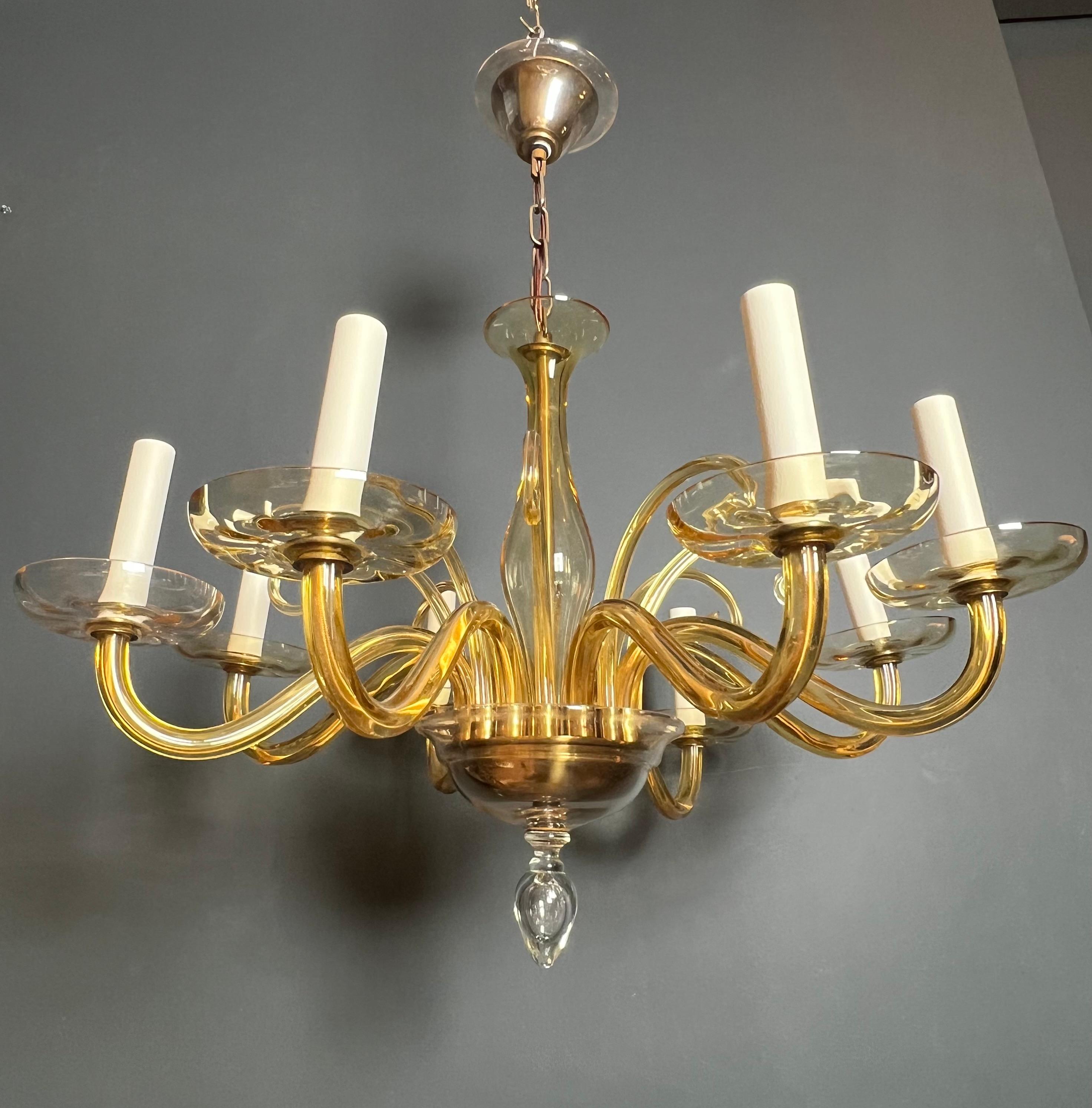 Mid-Century Modern Orangeish Murano Crystal Chandelier with 8 Arms. Italian Work. Circa 1970 For Sale