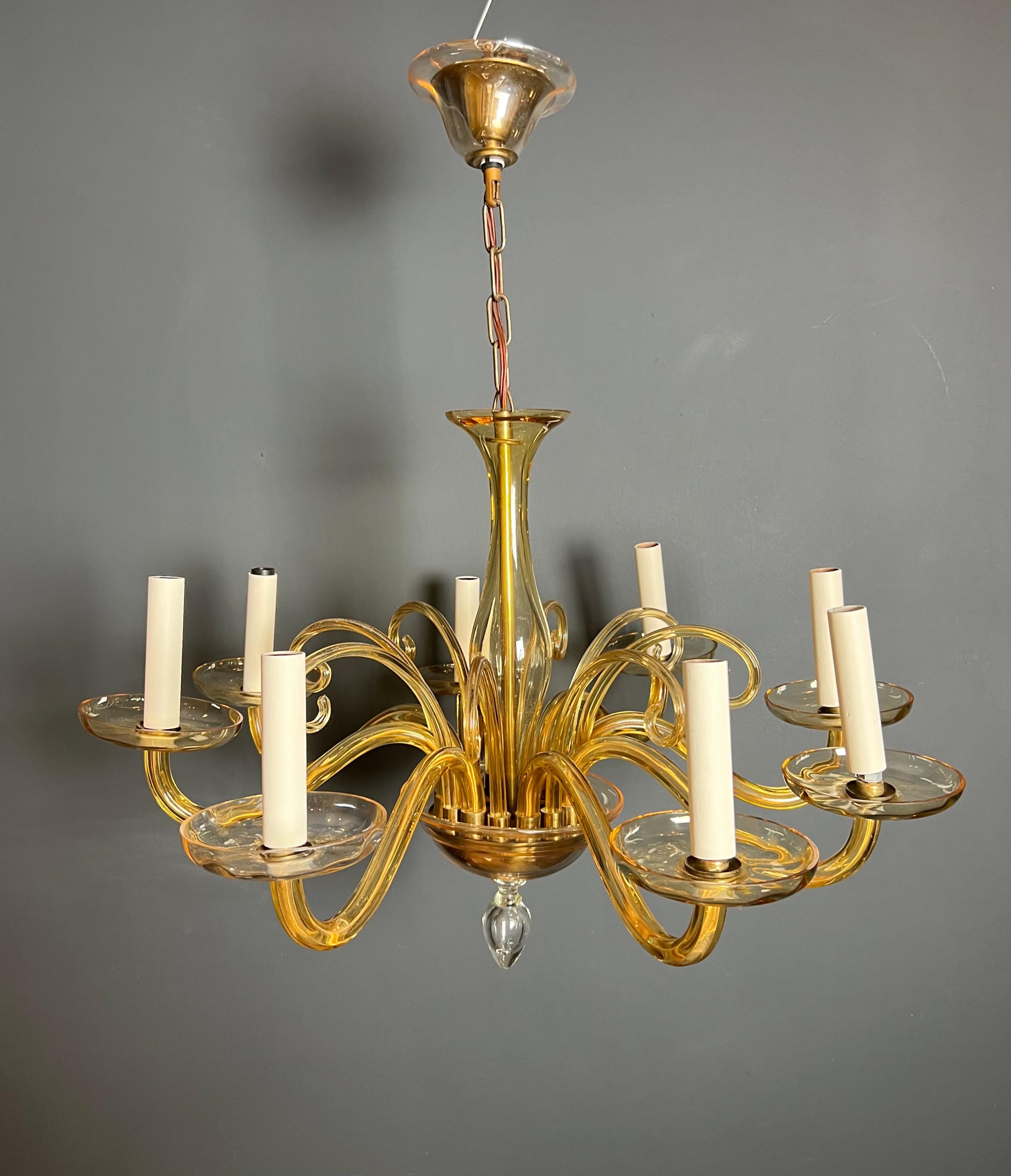 Late 20th Century Orangeish Murano Crystal Chandelier with 8 Arms. Italian Work. Circa 1970 For Sale